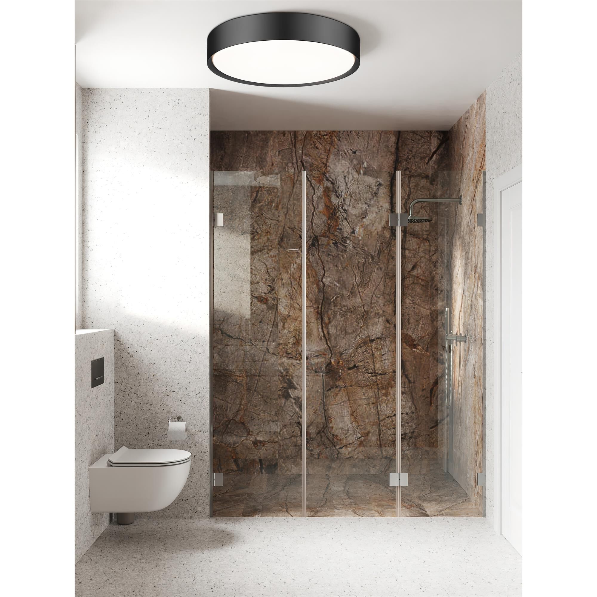 Shown in Matte Black finish and Frosted glass and Frosted shade