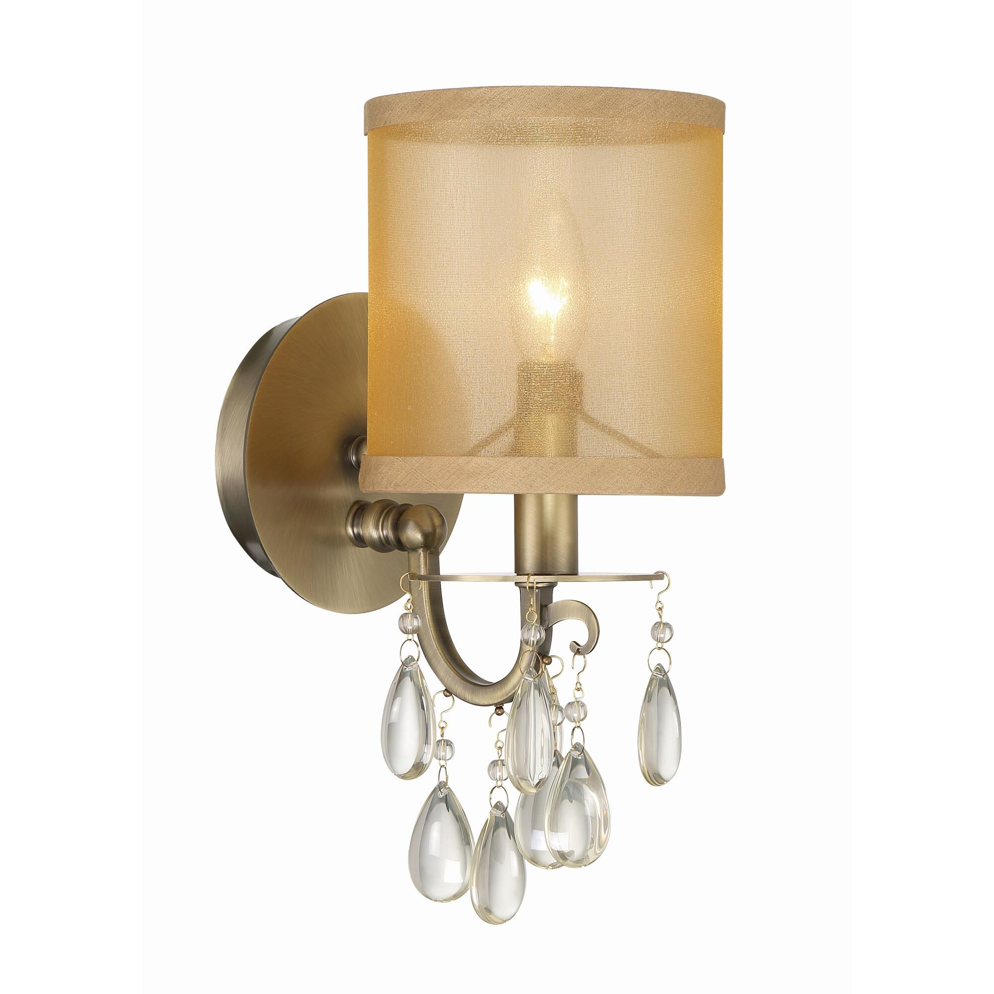 Shown in Antique Brass finish and Etruscan Smooth Oysters crystal and Silk glass and Silk shade