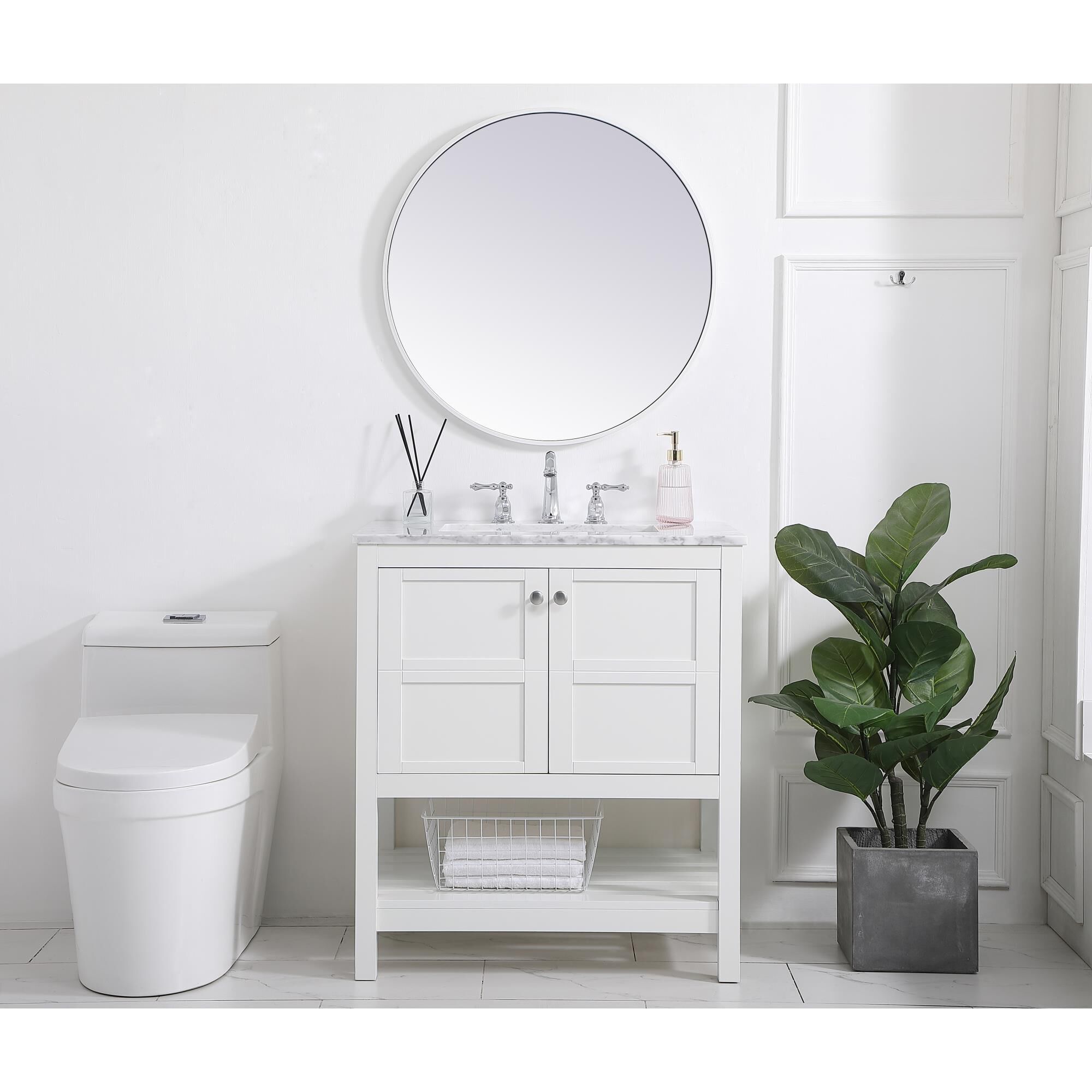 Shown in White And Brushed Nickel With Carrara White Marble finish