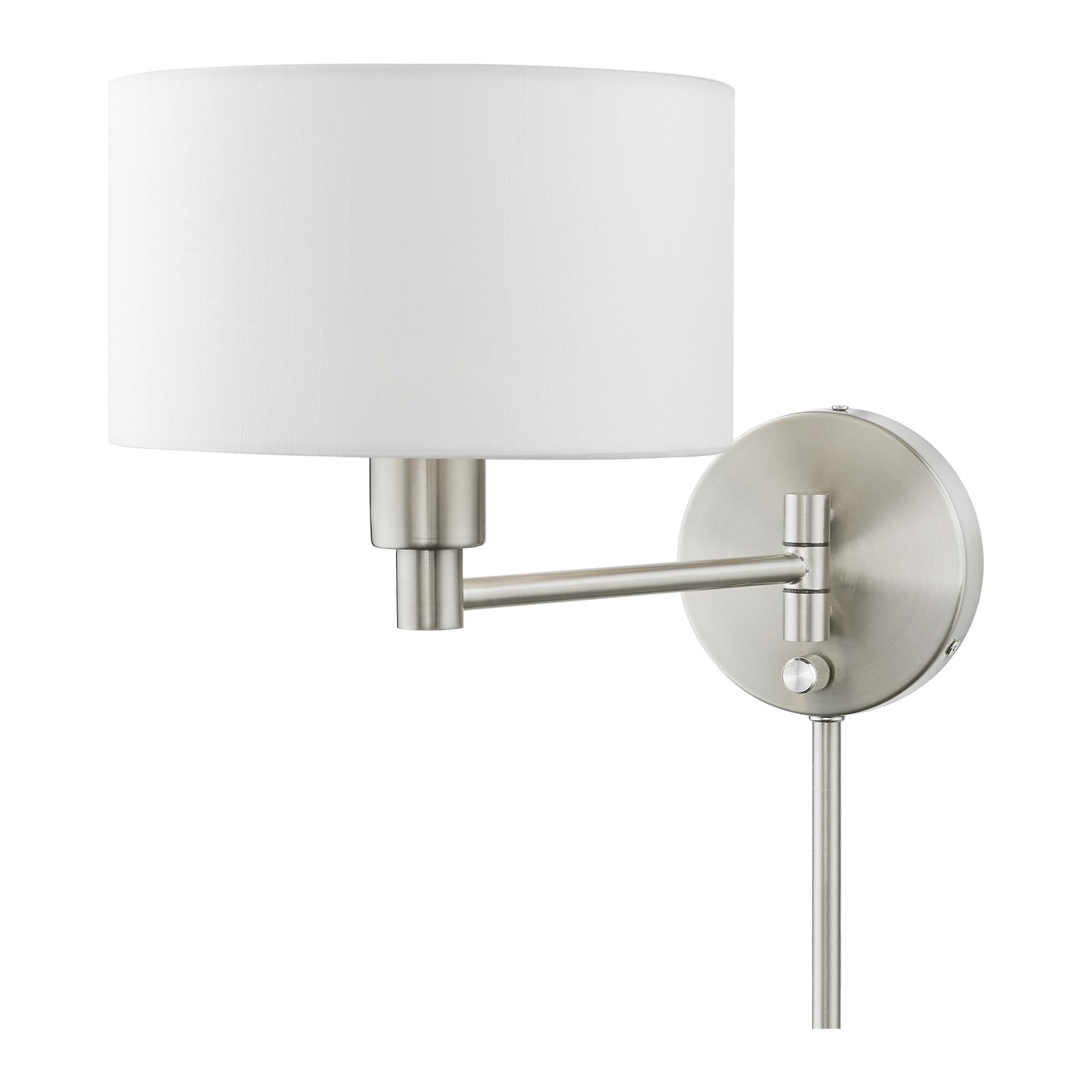 Shown in Brushed Nickel finish and Hand Crafted Off-White Hardback Fabric shade