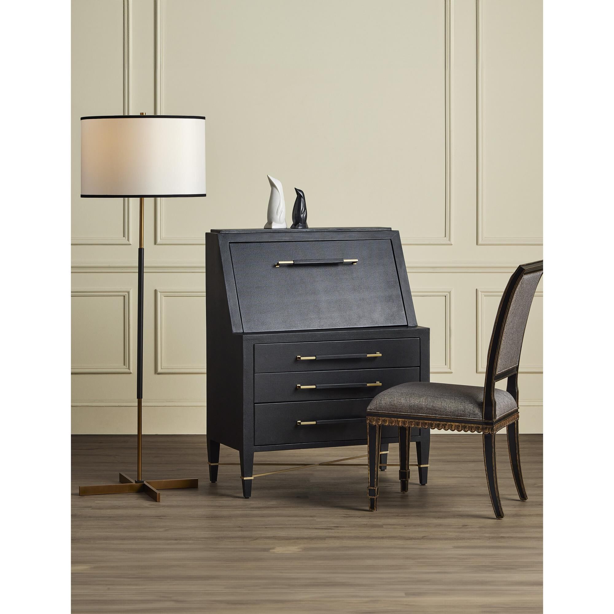 Shown in Brass and Oil Rubbed Bronze finish and Off White Shantung With Black Trim shade