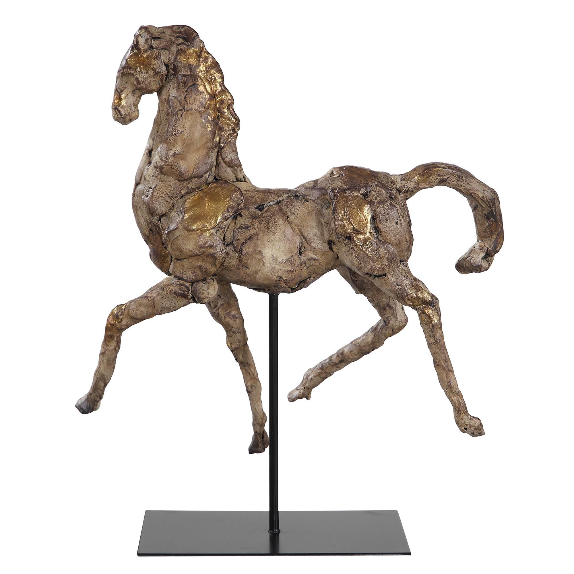Shown in Horse Sculpture In Aged Silver With Subtle Gold Accents On A Black Iron Stand. finish