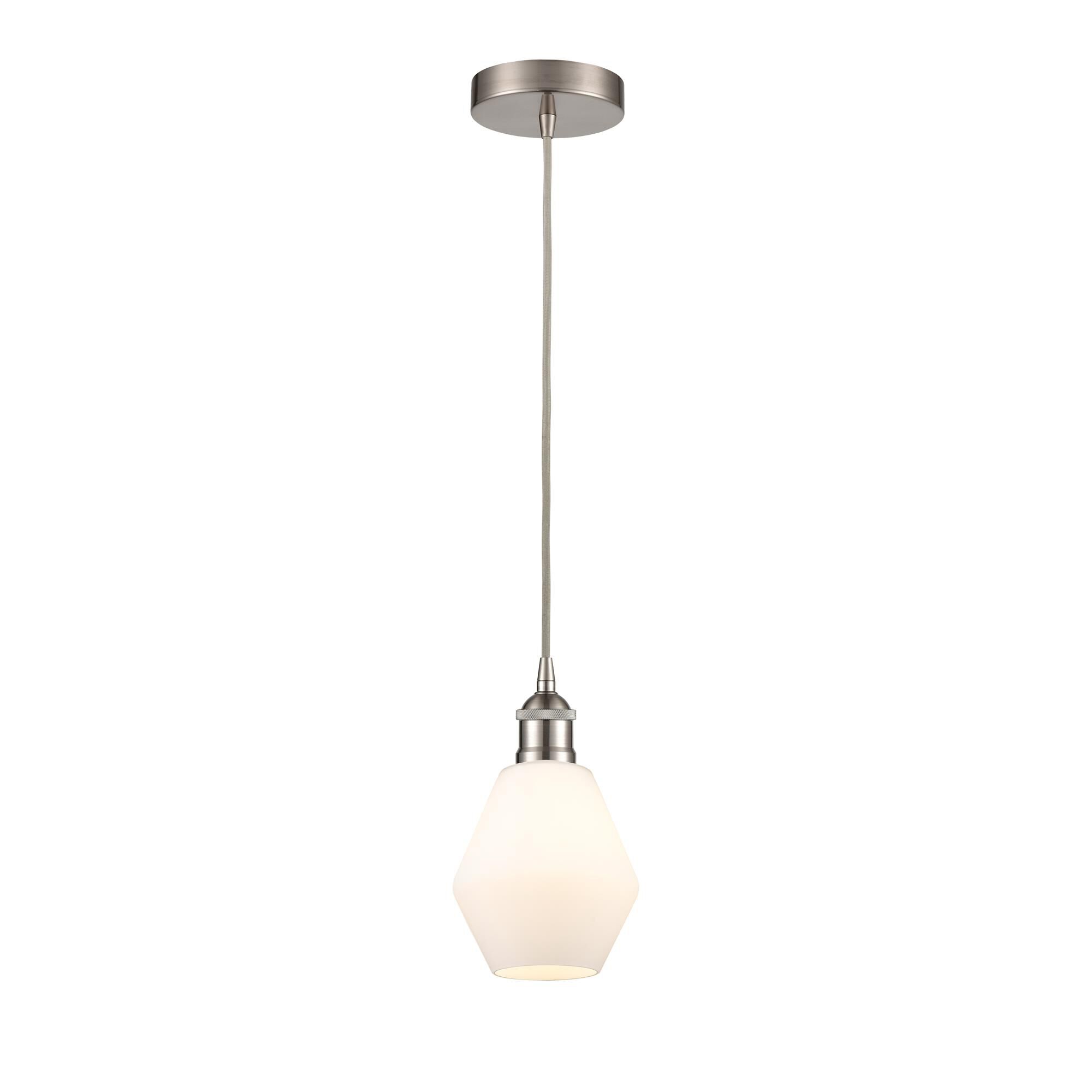 Shown in Brushed Satin Nickel finish and Cased Matte White Cindyrella 8
