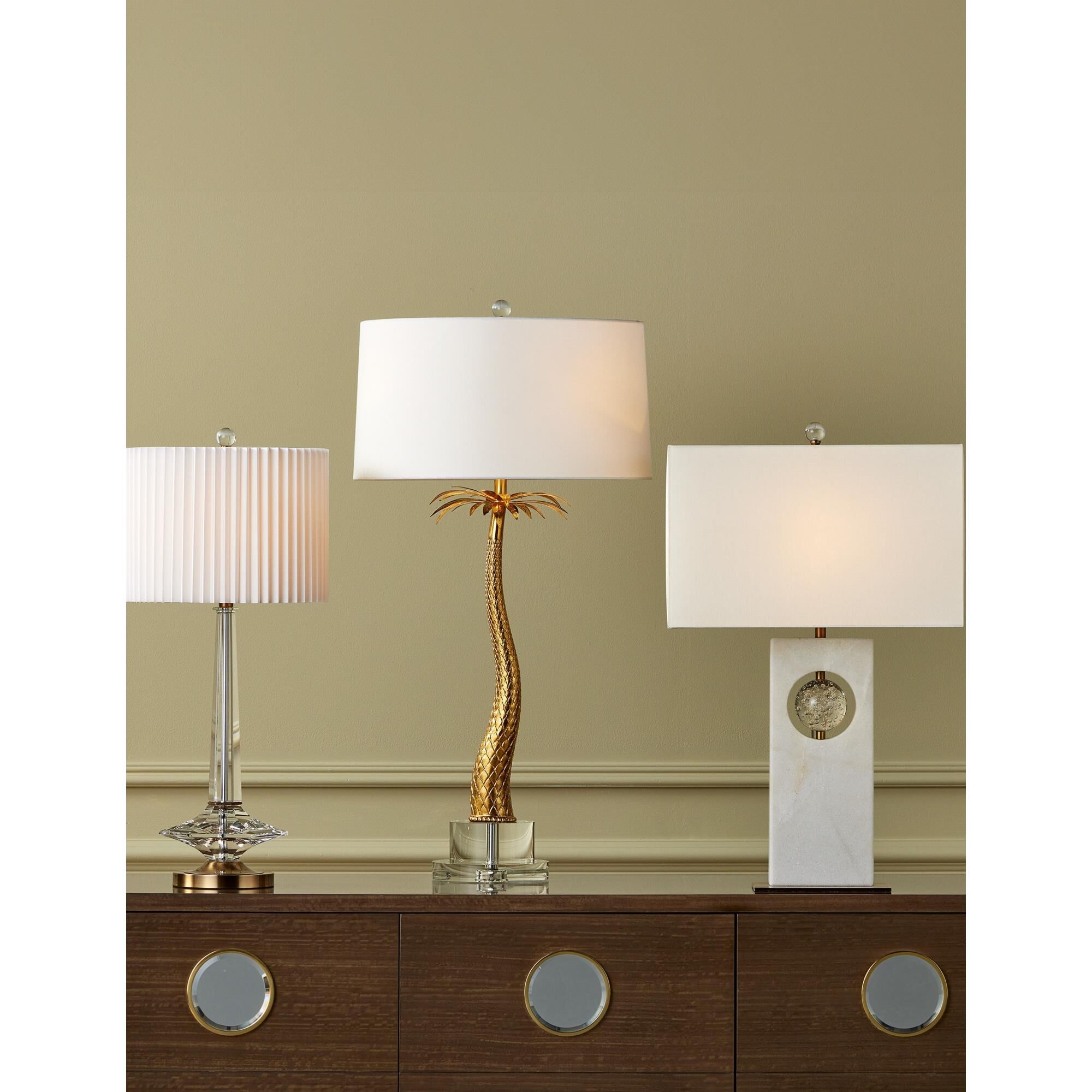 Shown in White and Antique Brass finish and Natural Linen shade