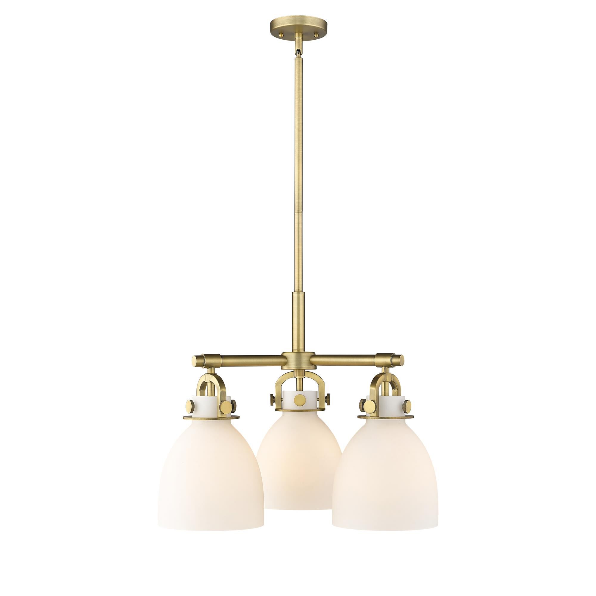 Shown in Brushed Brass finish and Matte White glass
