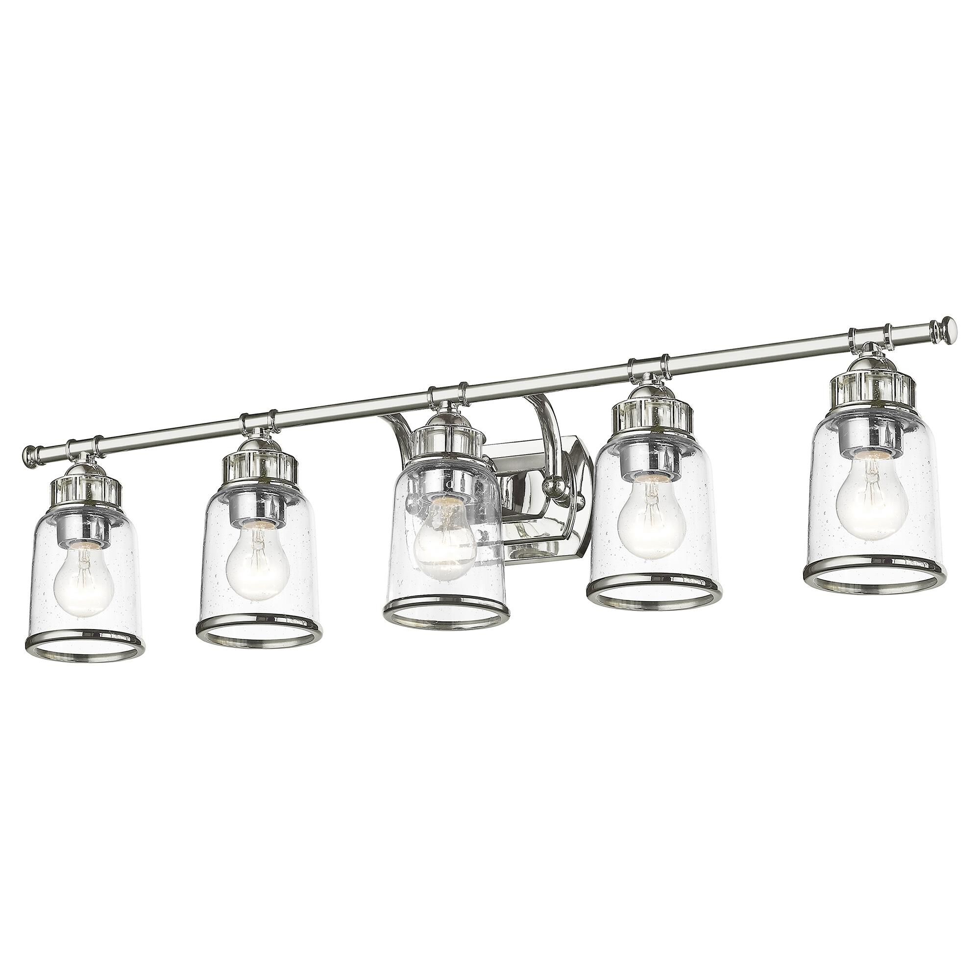 Shown in Polished Chrome finish and Hand Blown Clear Seeded glass