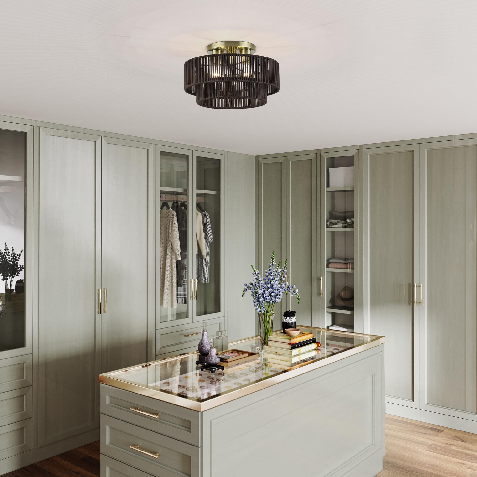 Shown in Antique Brass finish and Hand-Woven Dark Chocolate Color Polyester Rope shade