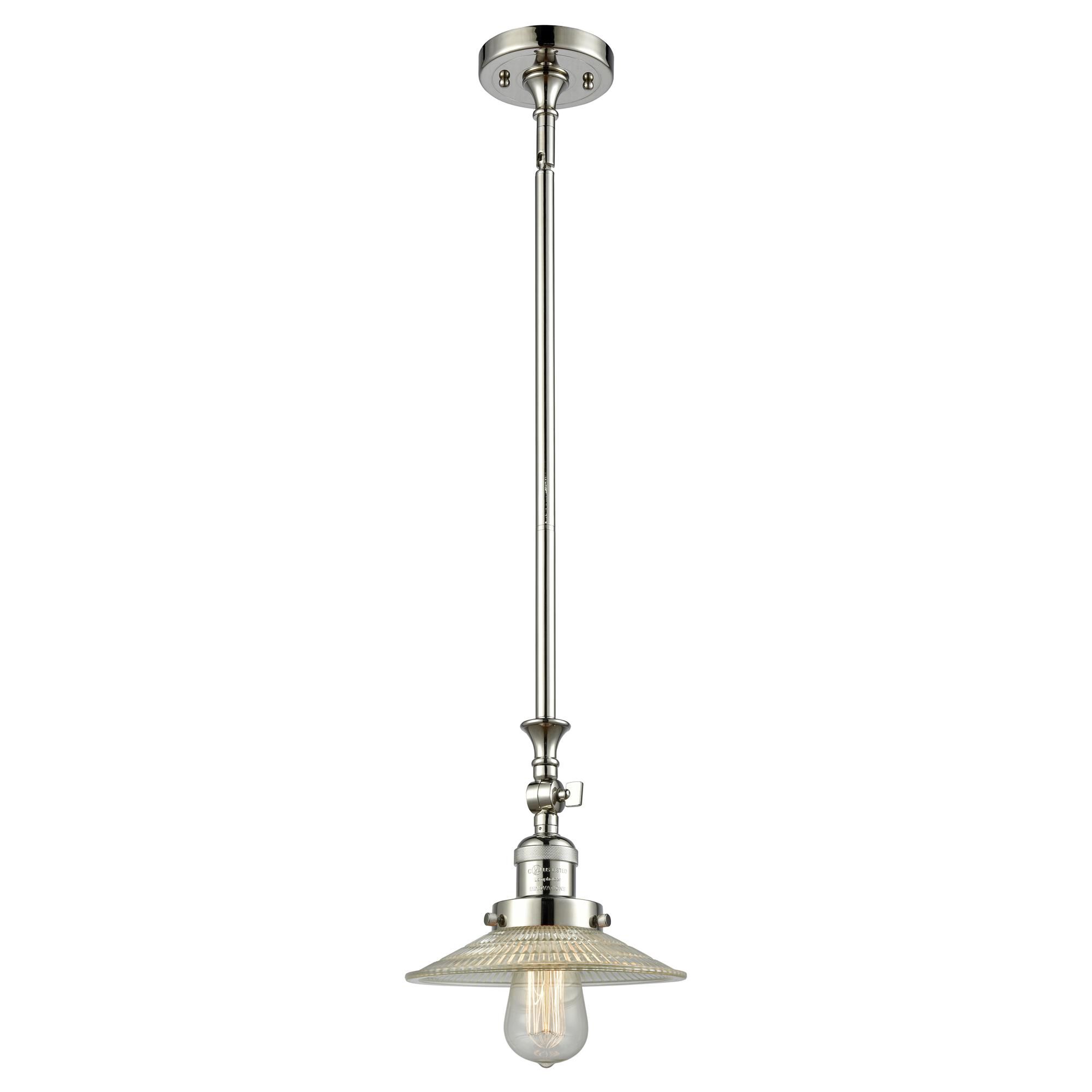 Shown in Polished Nickel finish and Clear Halophane glass