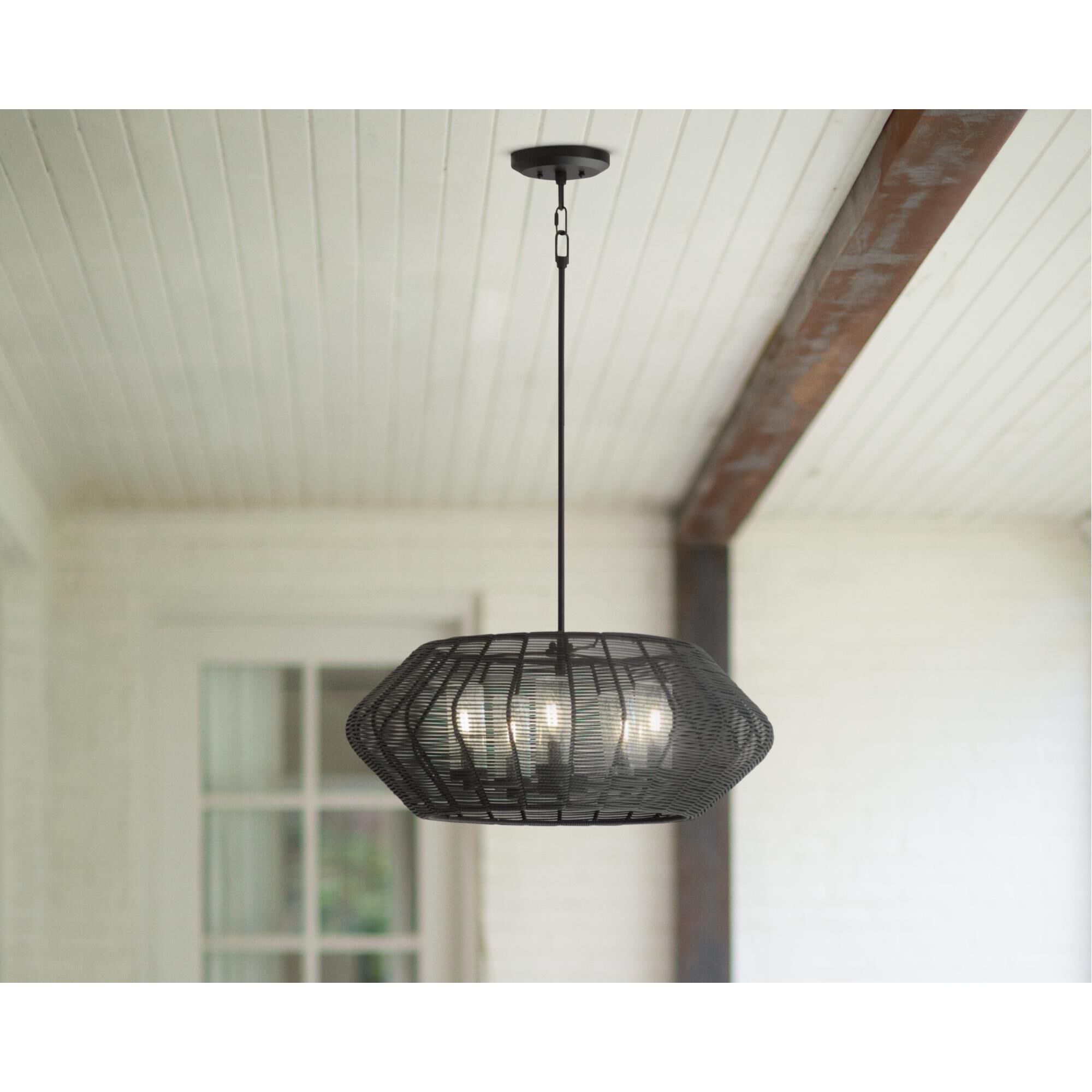 Shown in Black finish and Clear Seedy glass and Black Woven shade