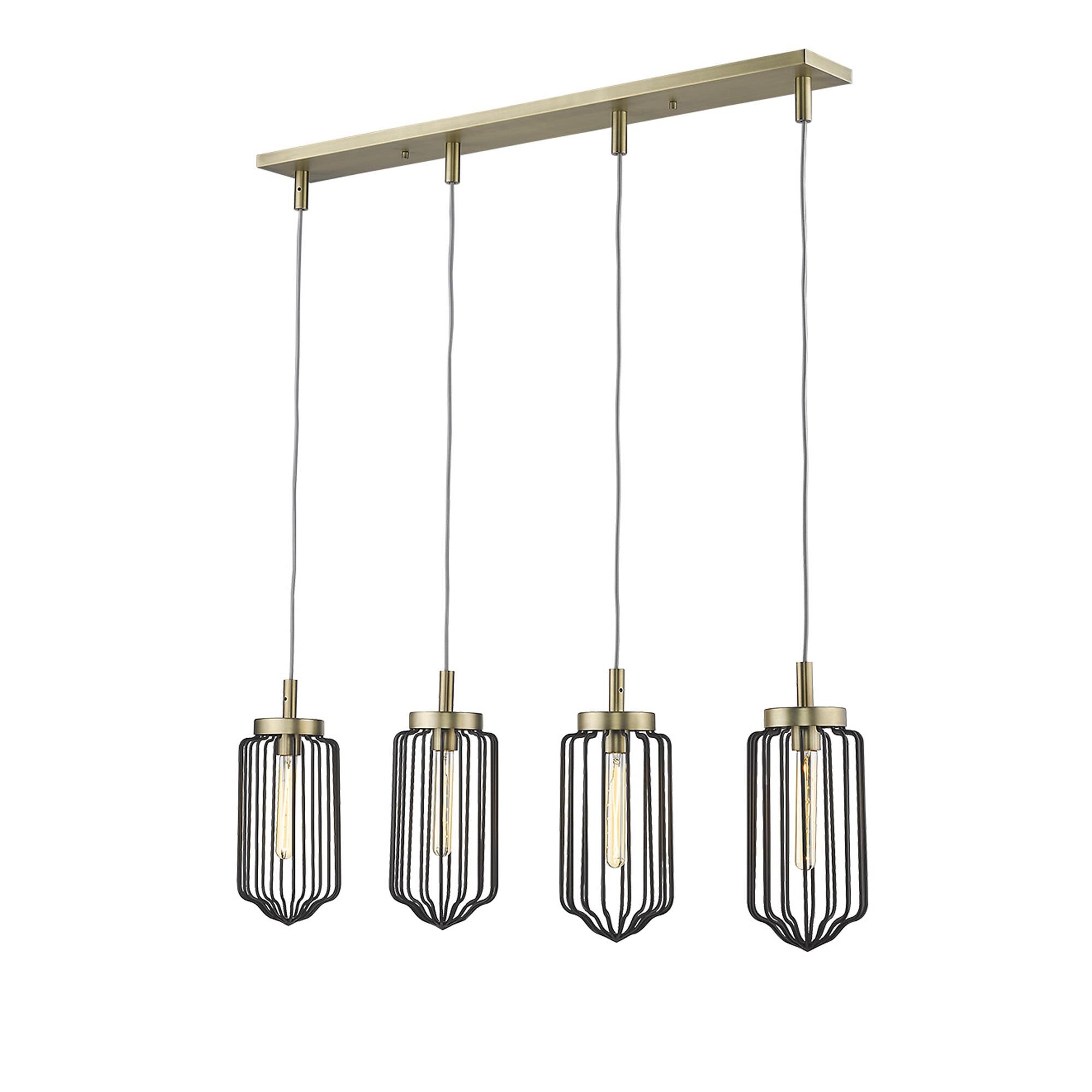 Shown in Aged Brass finish and Black glass and Black, Cylindrical Metal Cage s shade