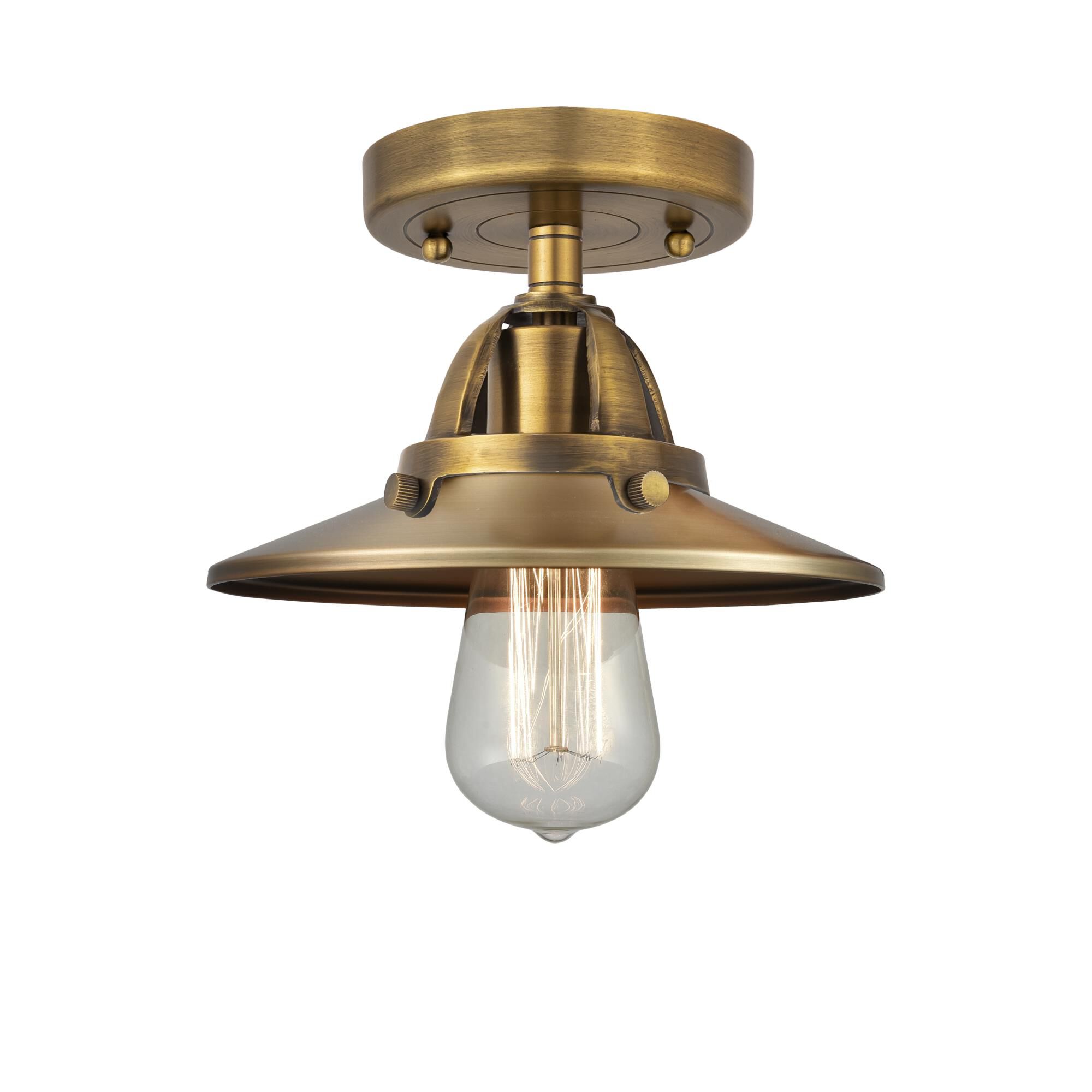Shown in Brushed Brass finish and No Glass glass and Brushed Brass Railroad shade