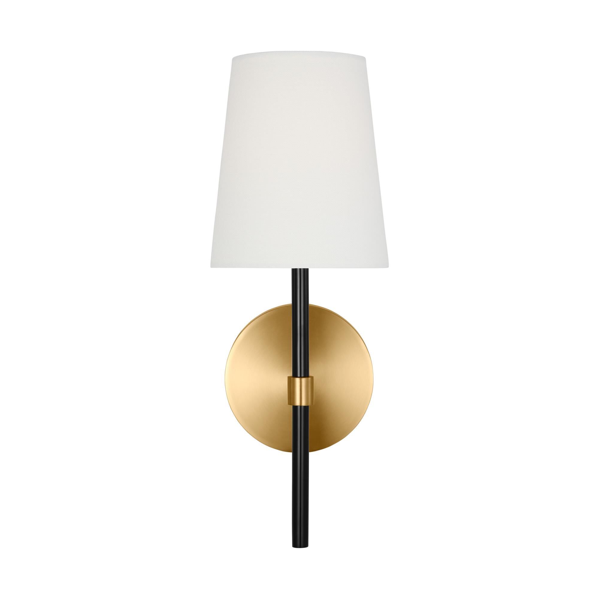 Shown in Burnished Brass finish and White Linen Fabric shade