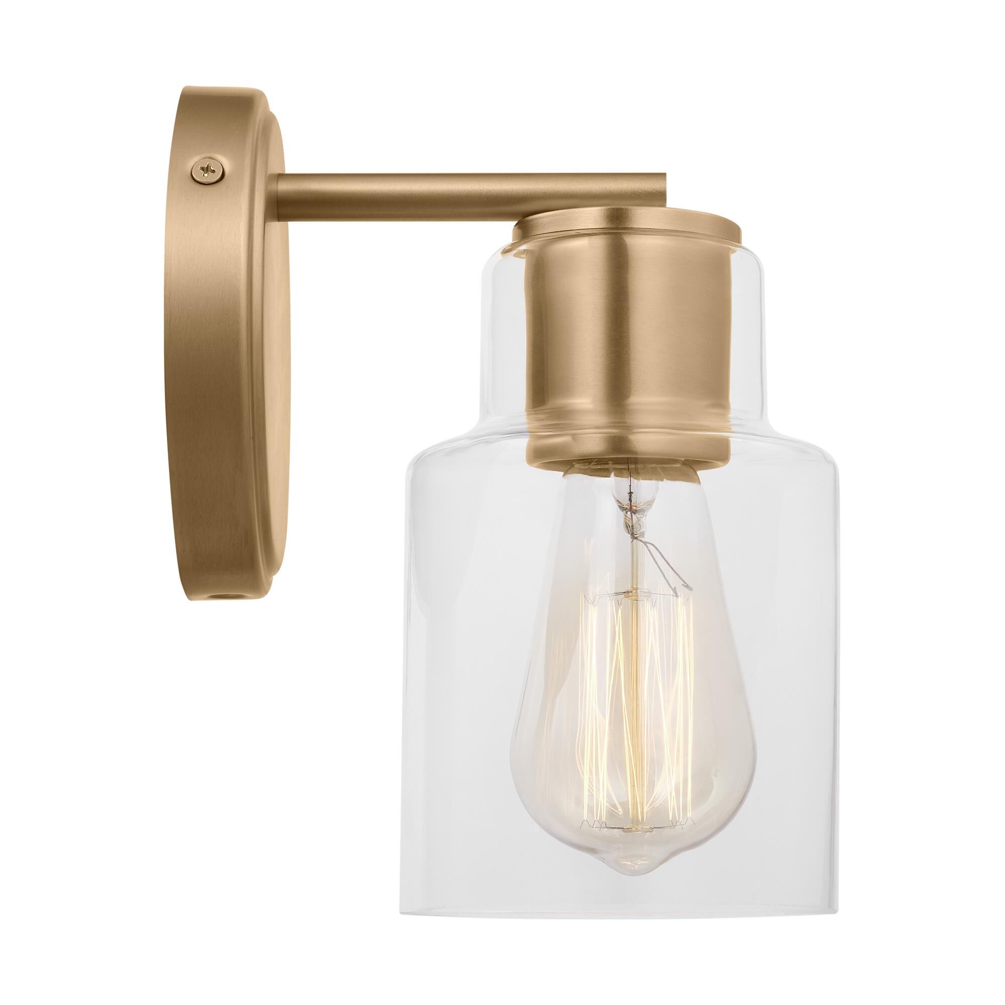 Shown in Satin Brass finish and Clear Glass shade