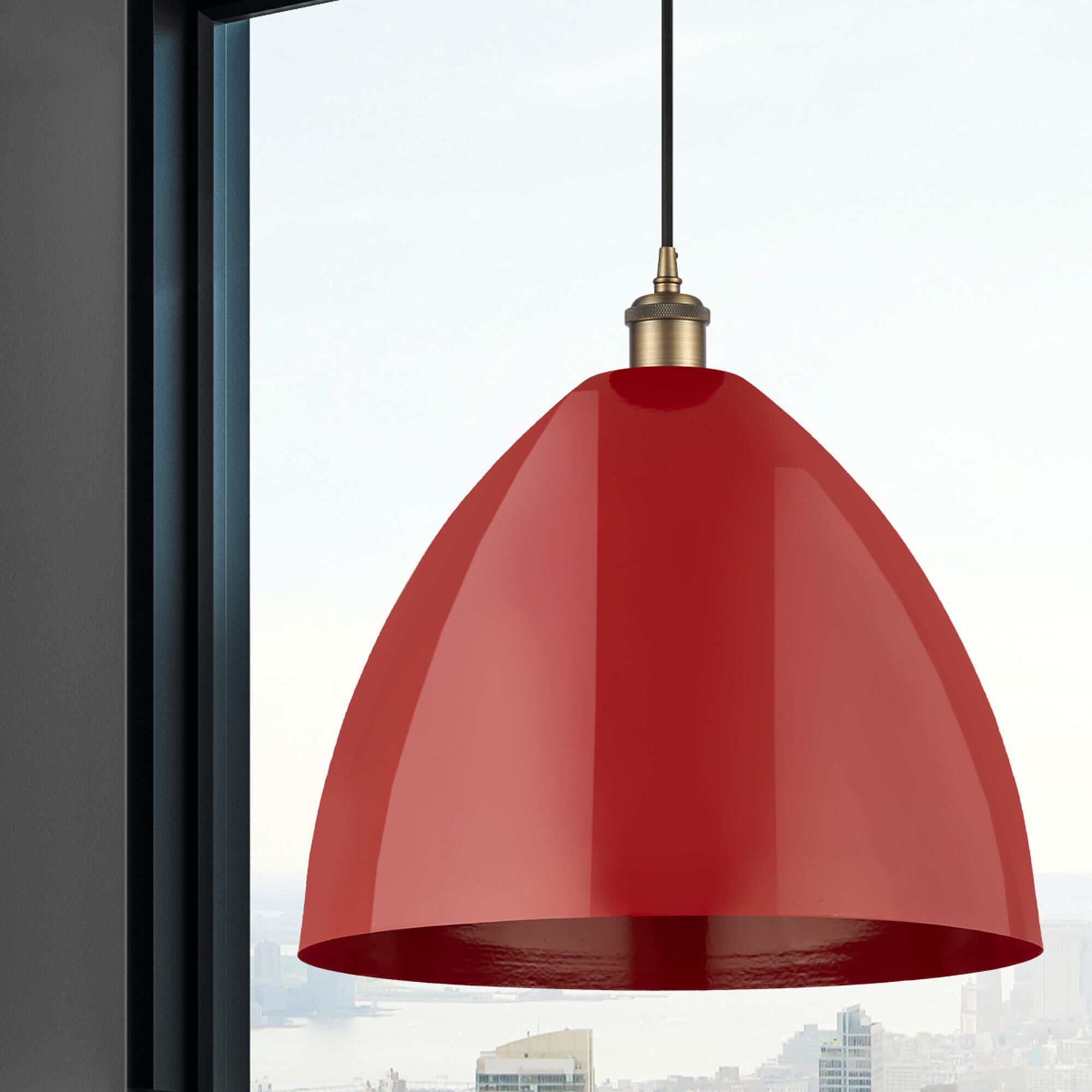 Shown in Brushed Brass finish and Red Plymouth Dome shade