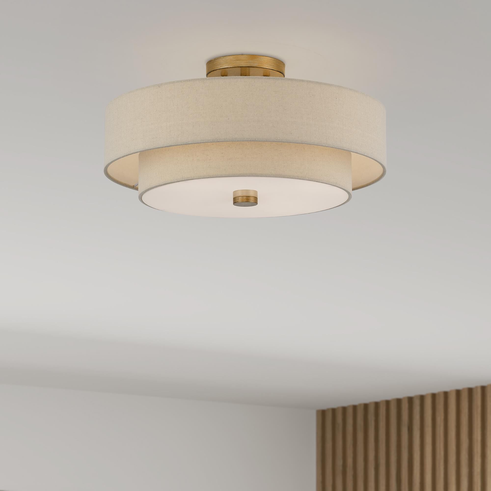 Shown in Antique Gold Leaf finish and Hand Crafted Parchment Color Hardback Fabric with White Color Inside shade