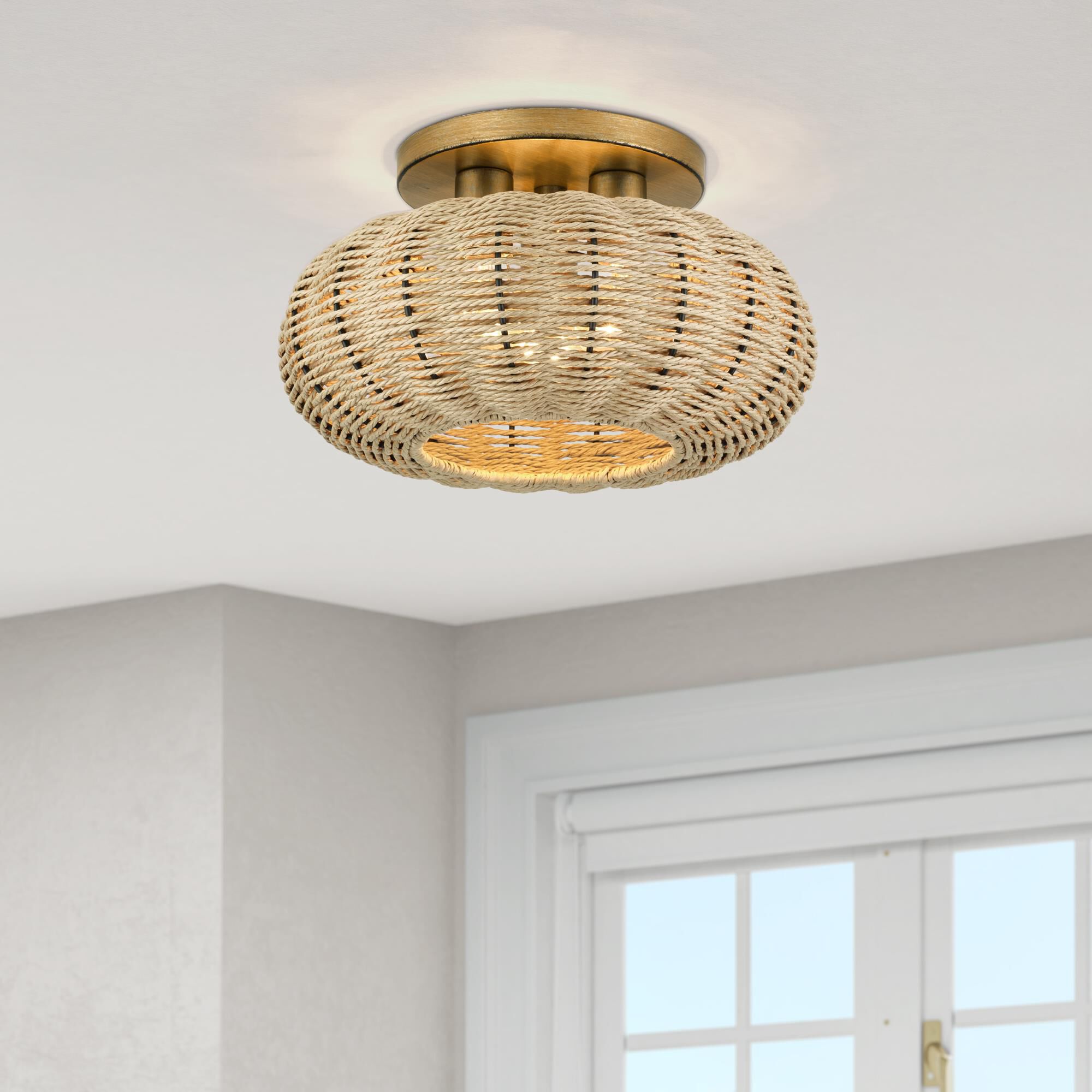 Shown in Antique Gold Leaf finish and Hand-Woven French Beige Paper Rope shade