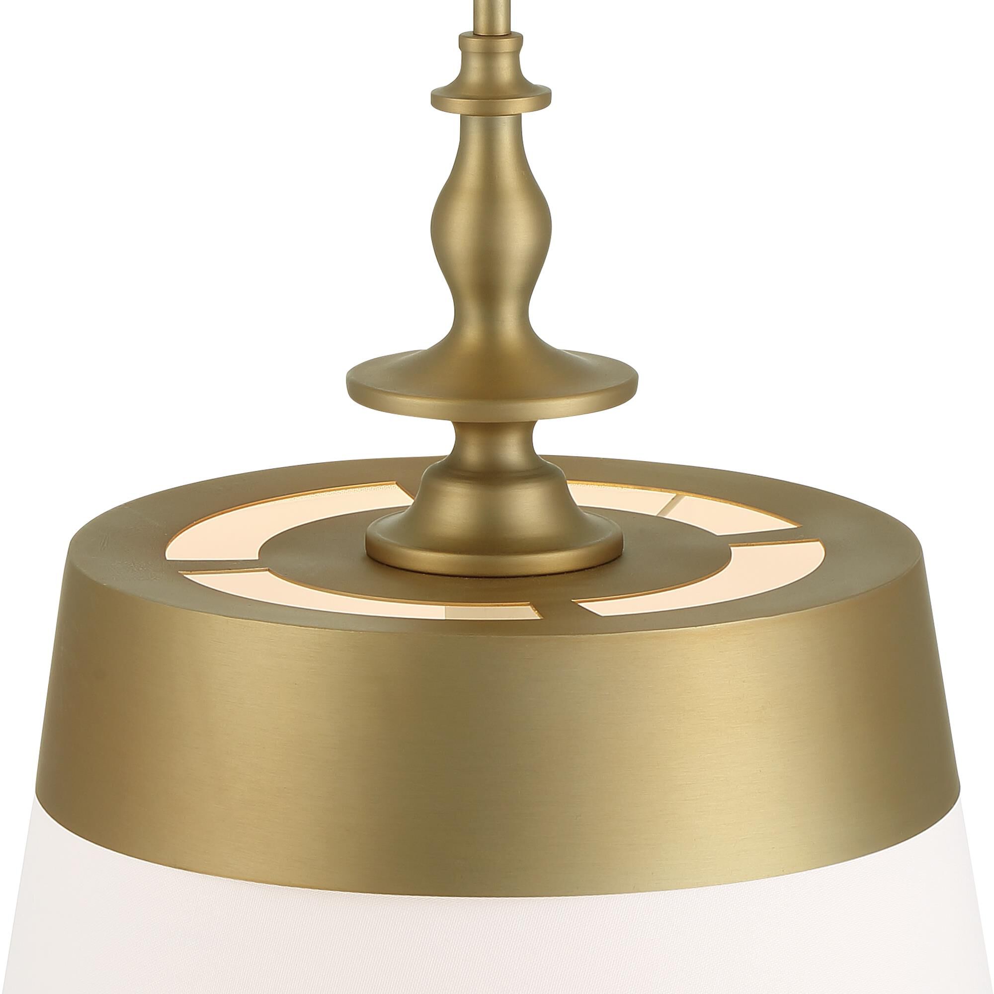 Shown in Brushed Gold finish and White Fabric  shade