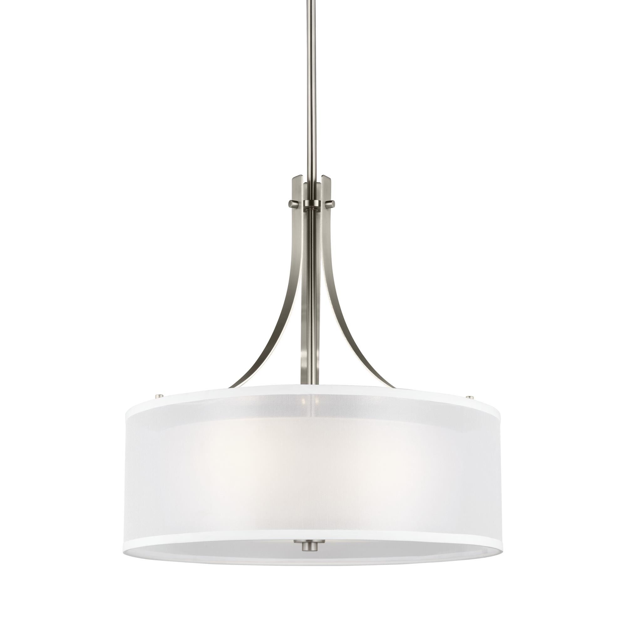 Shown in Brushed Nickel finish and Satin Etched glass and Off White Organza Silk shade