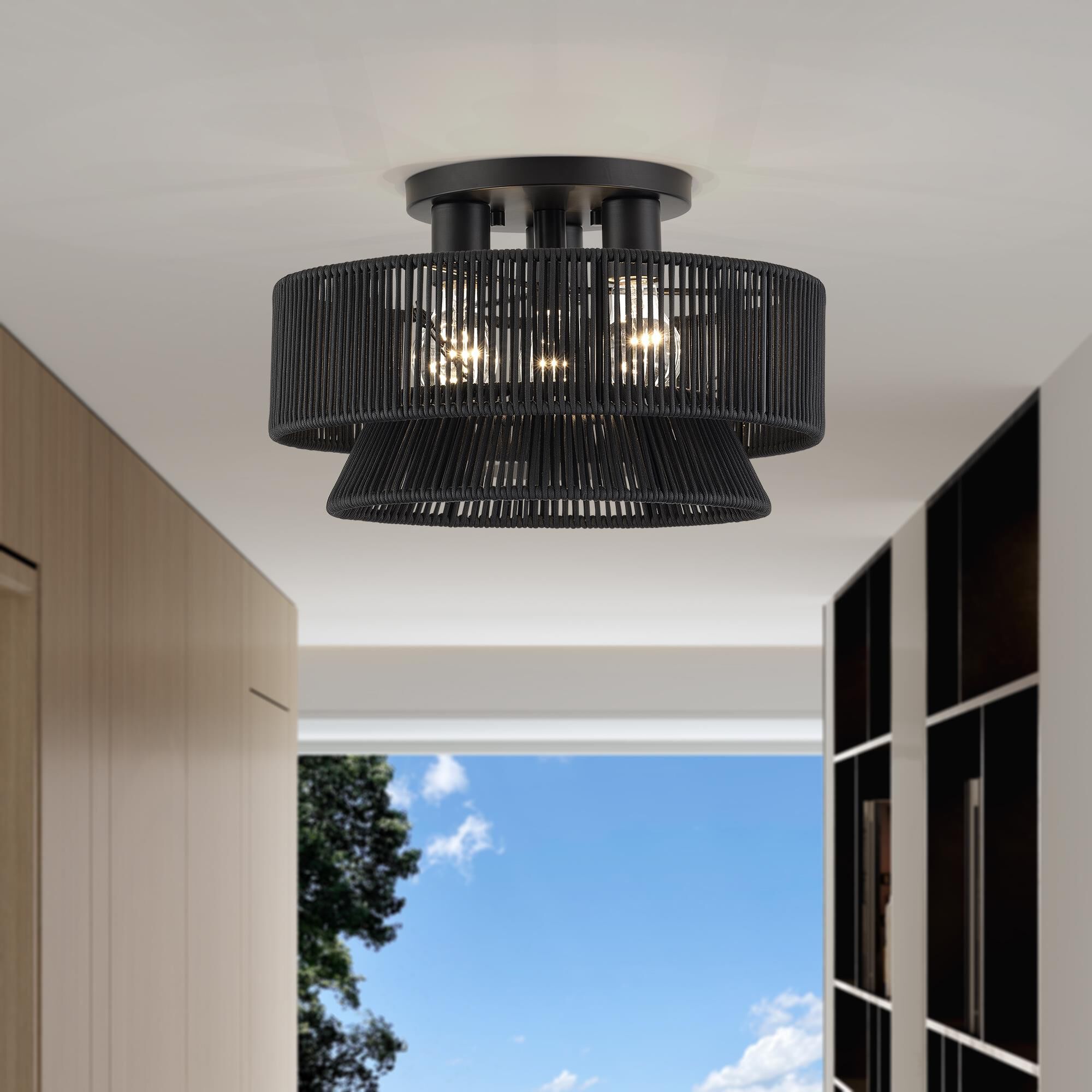 Shown in Black finish and Hand-Woven Parisian Night Color Polyester Rope shade