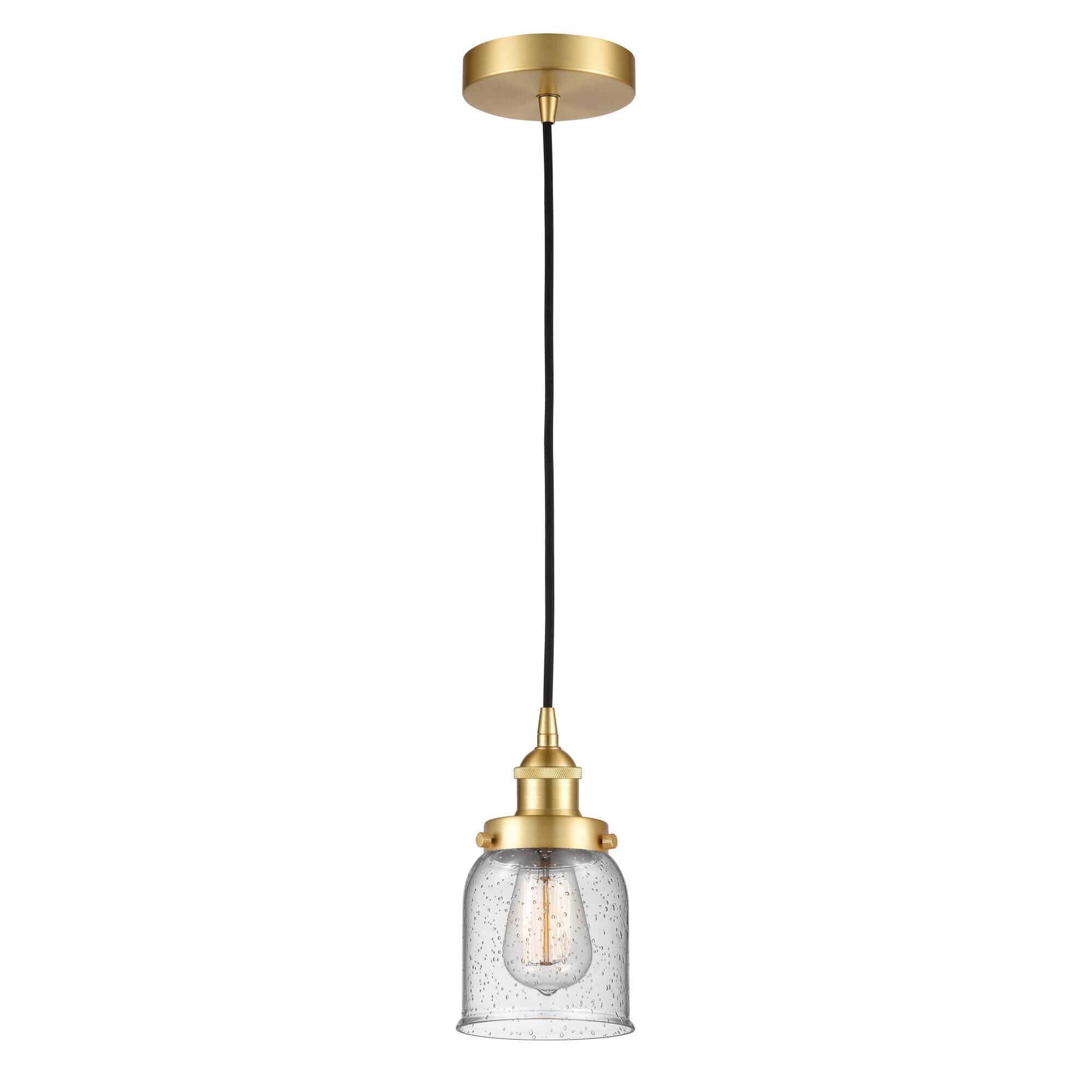 Shown in Satin Gold finish and Seedy Small Bell glass
