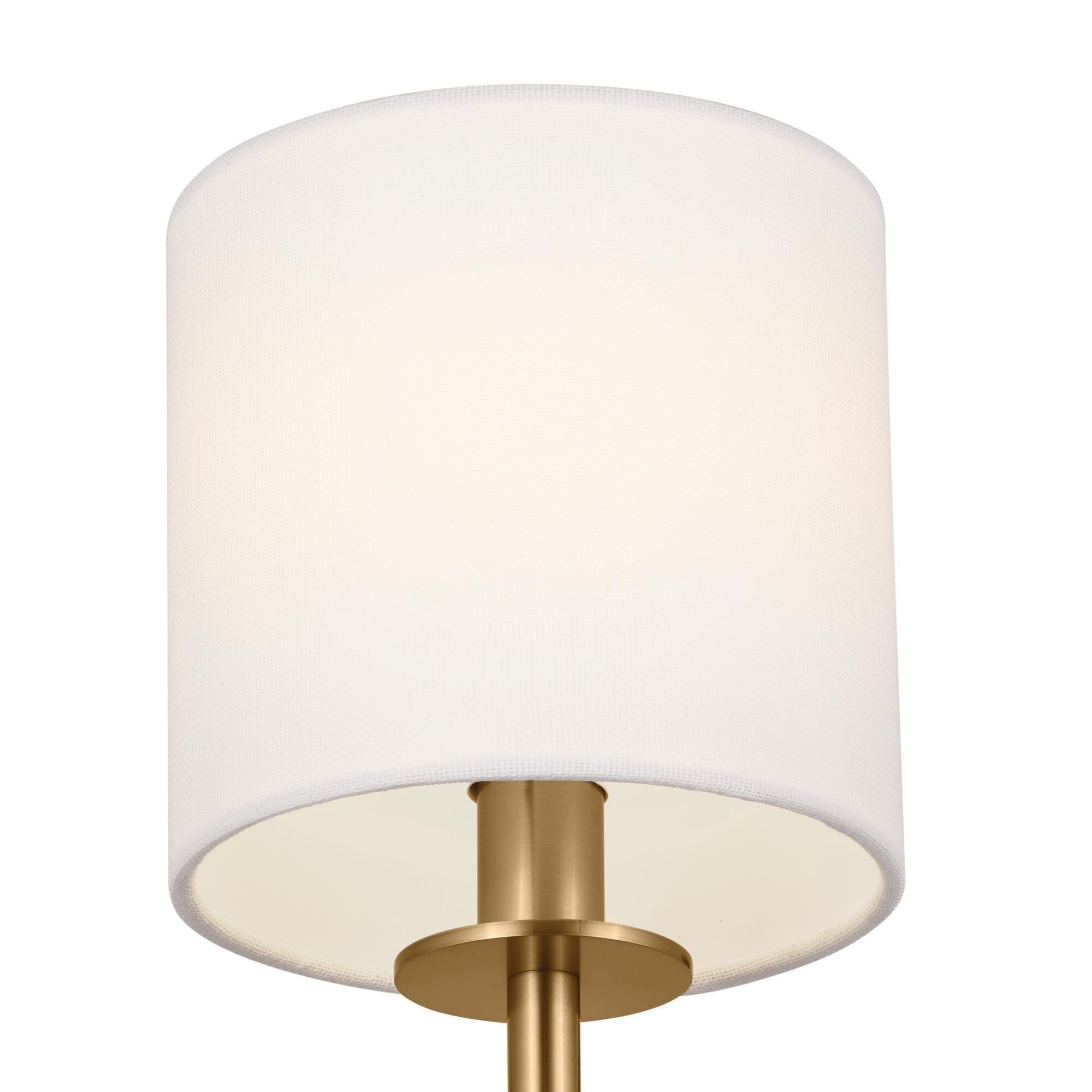 Shown in Brushed Natural Brass finish and Fabric and Drum shade