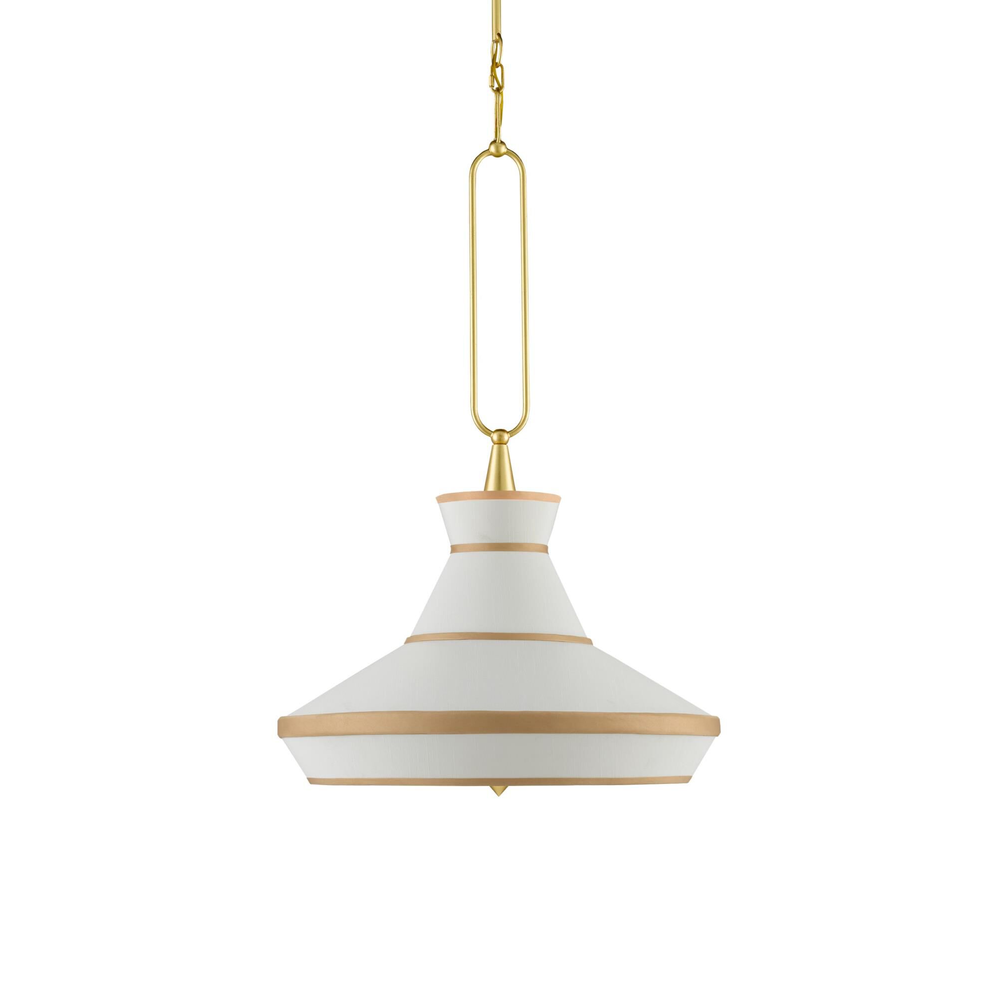 Shown in Gold Leaf, White finish and Frosted glass and Off White Shantung shade