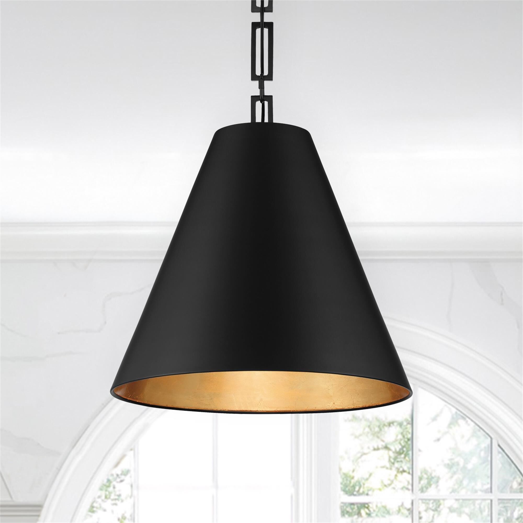 Shown in Matte Black + Antique Gold finish and Iron glass and Black shade
