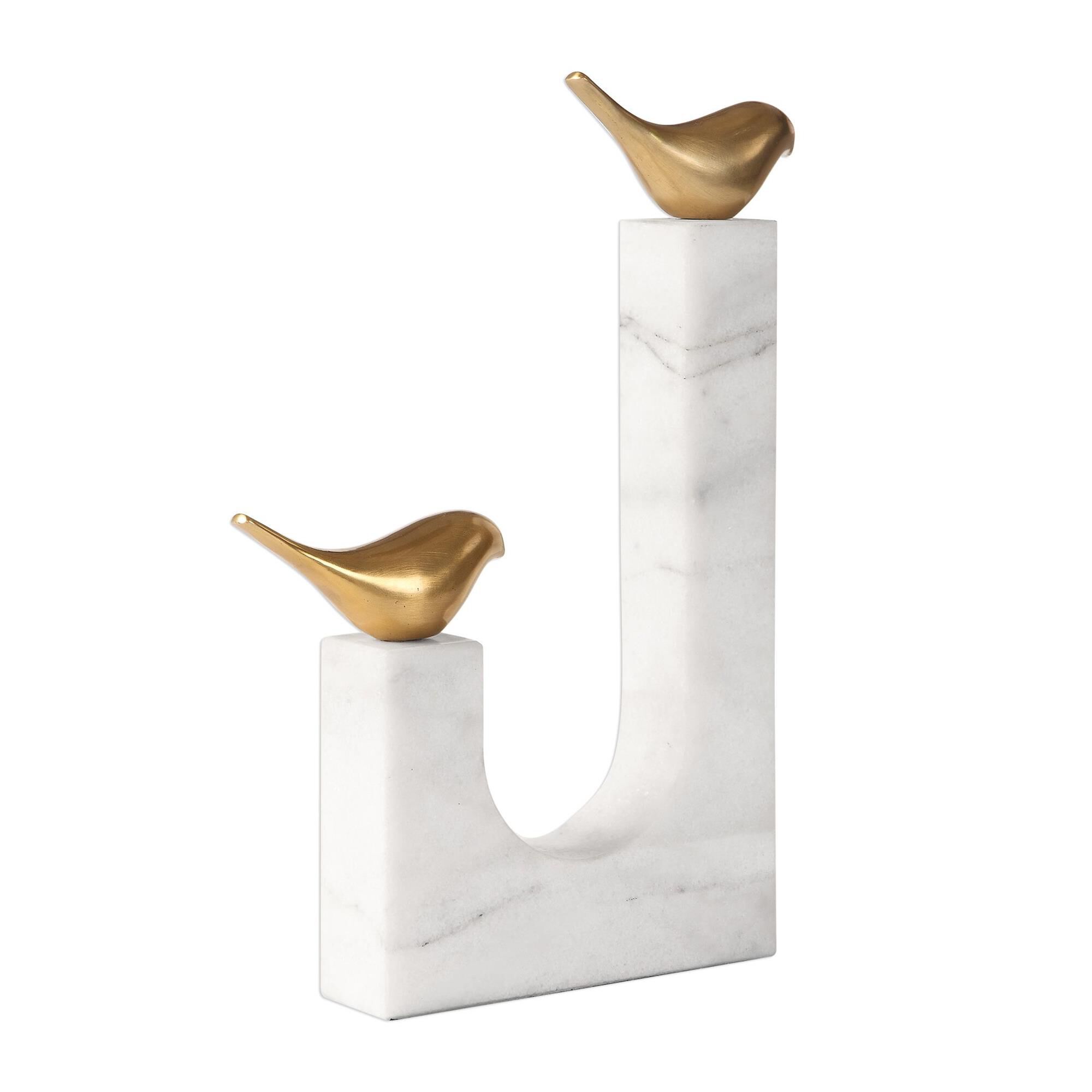 Shown in Two Cast Brass, Stylized Songbirds Counterpoised On A White Marble Sling Base. finish