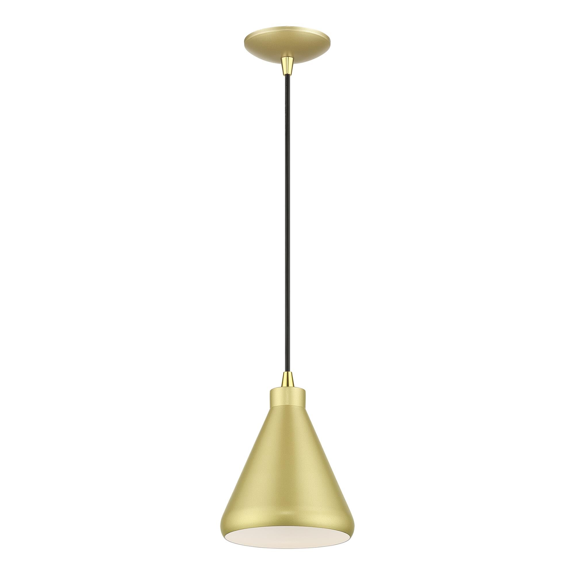 Shown in Soft Gold with Polished Brass Accents finish and Soft Gold Aluminum with White Inside shade