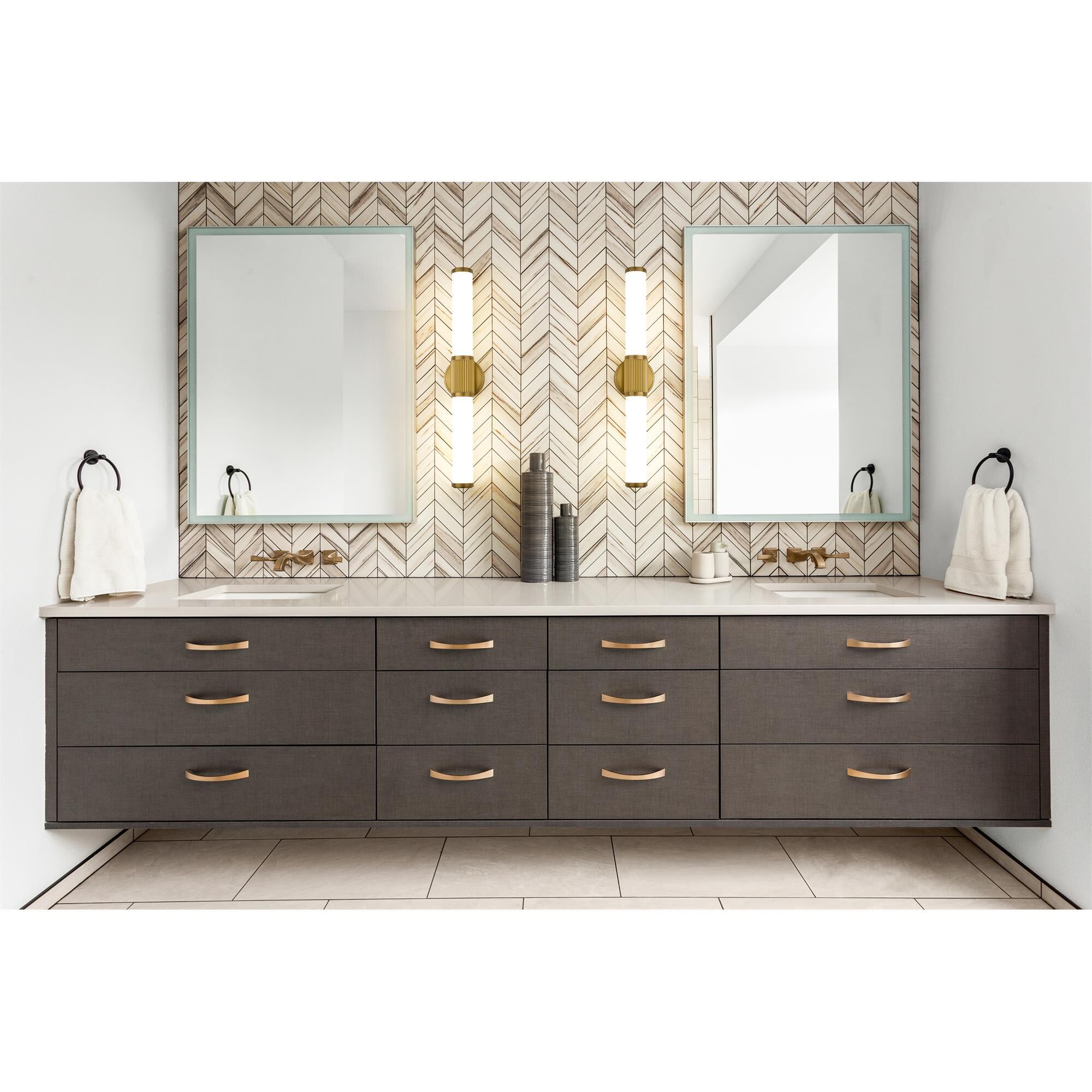 Shown in Modern Gold finish and Opal White glass and Opal White shade