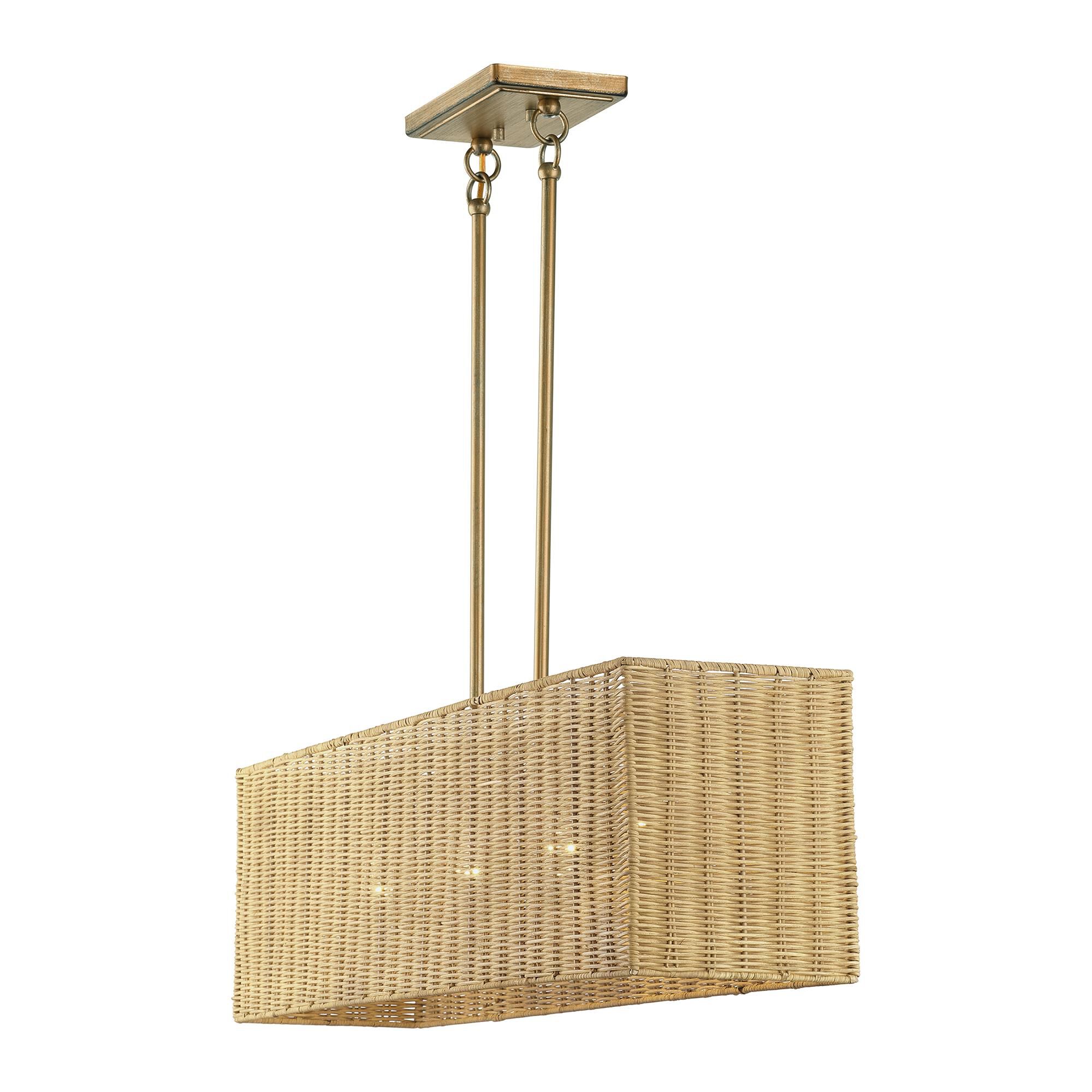 Shown in Antique Gold Leaf finish and Hand-Woven Rustic Walnut Color Rattan shade