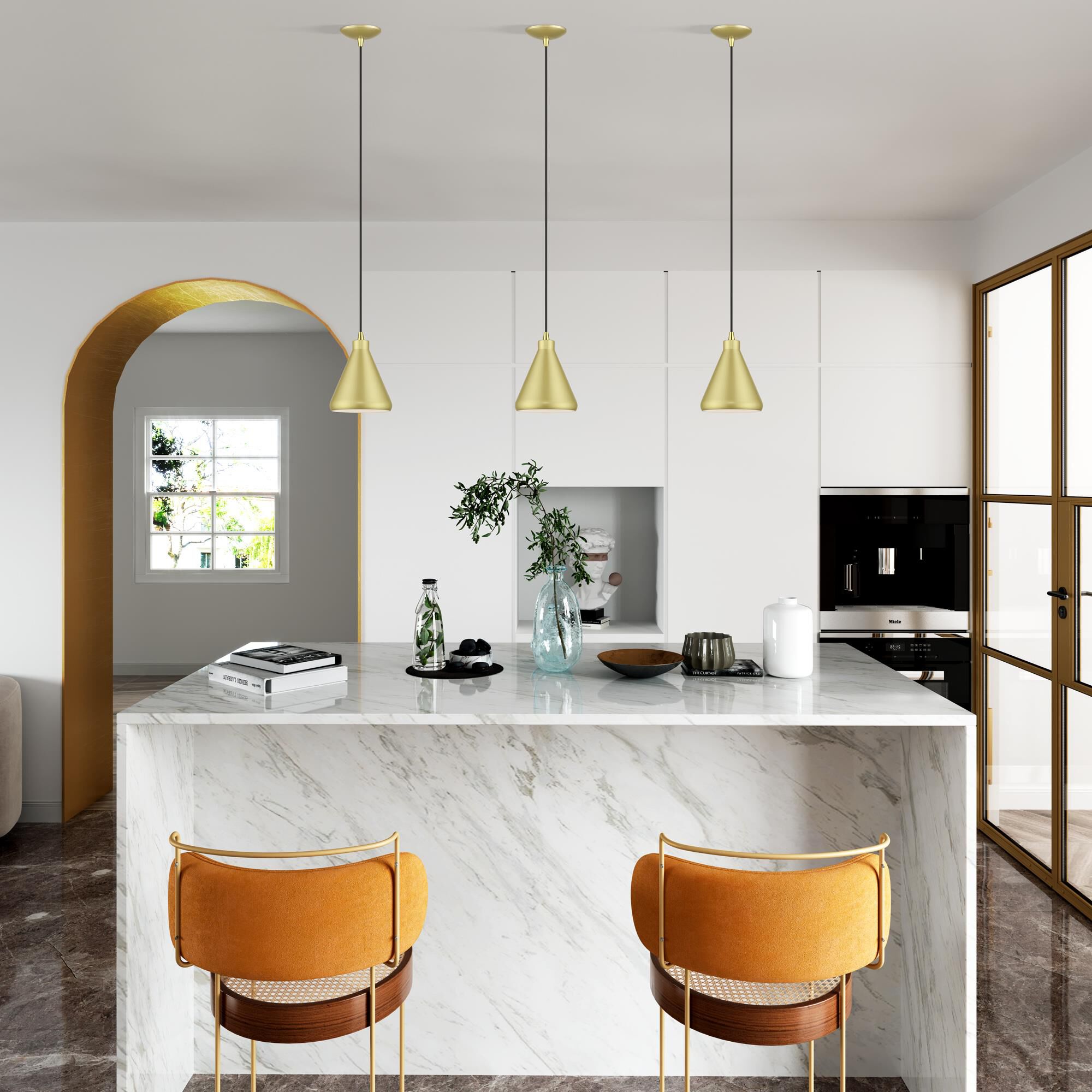 Shown in Soft Gold with Polished Brass Accents finish and Soft Gold Aluminum with White Inside shade