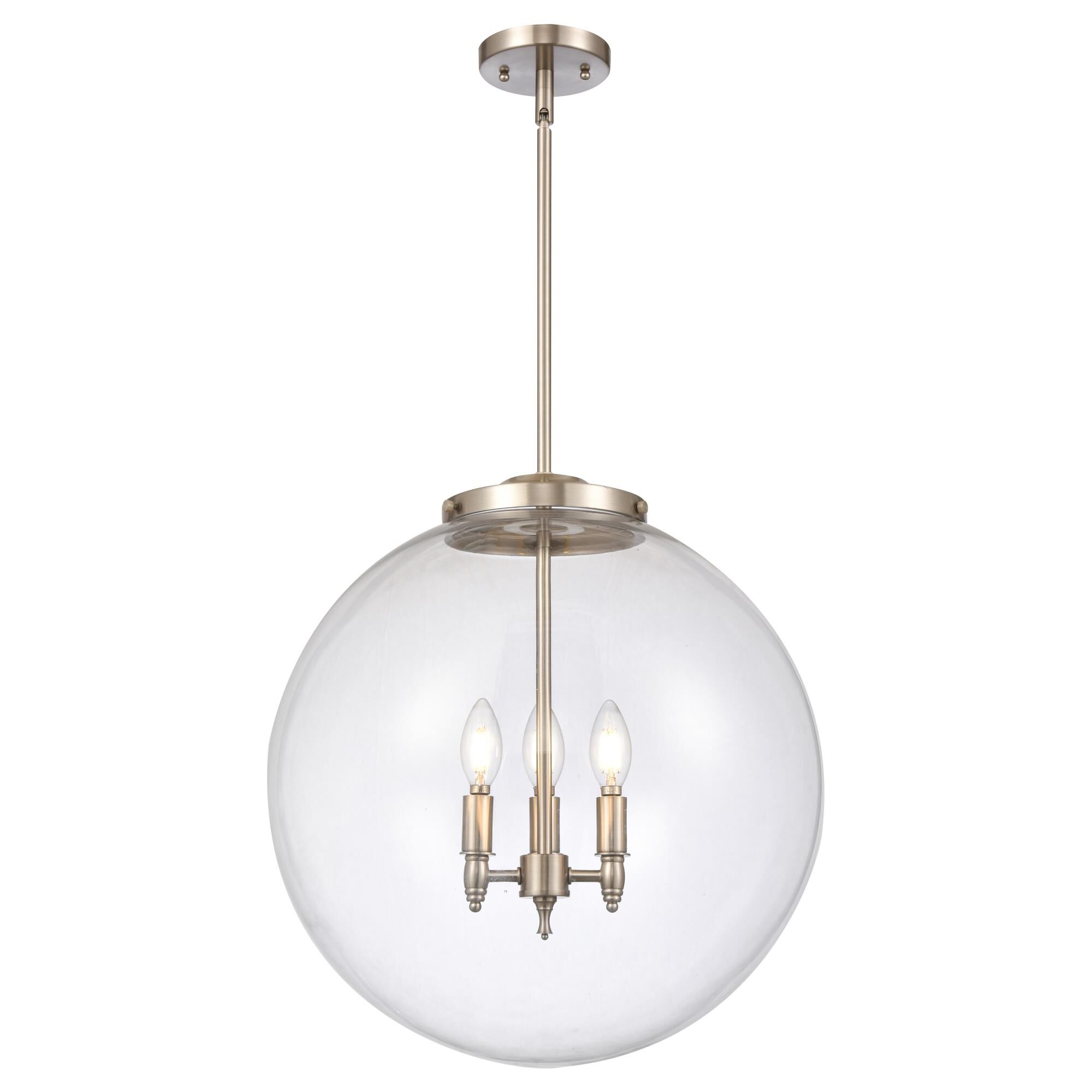 Shown in Brushed Satin Nickel finish and Clear Beacon glass