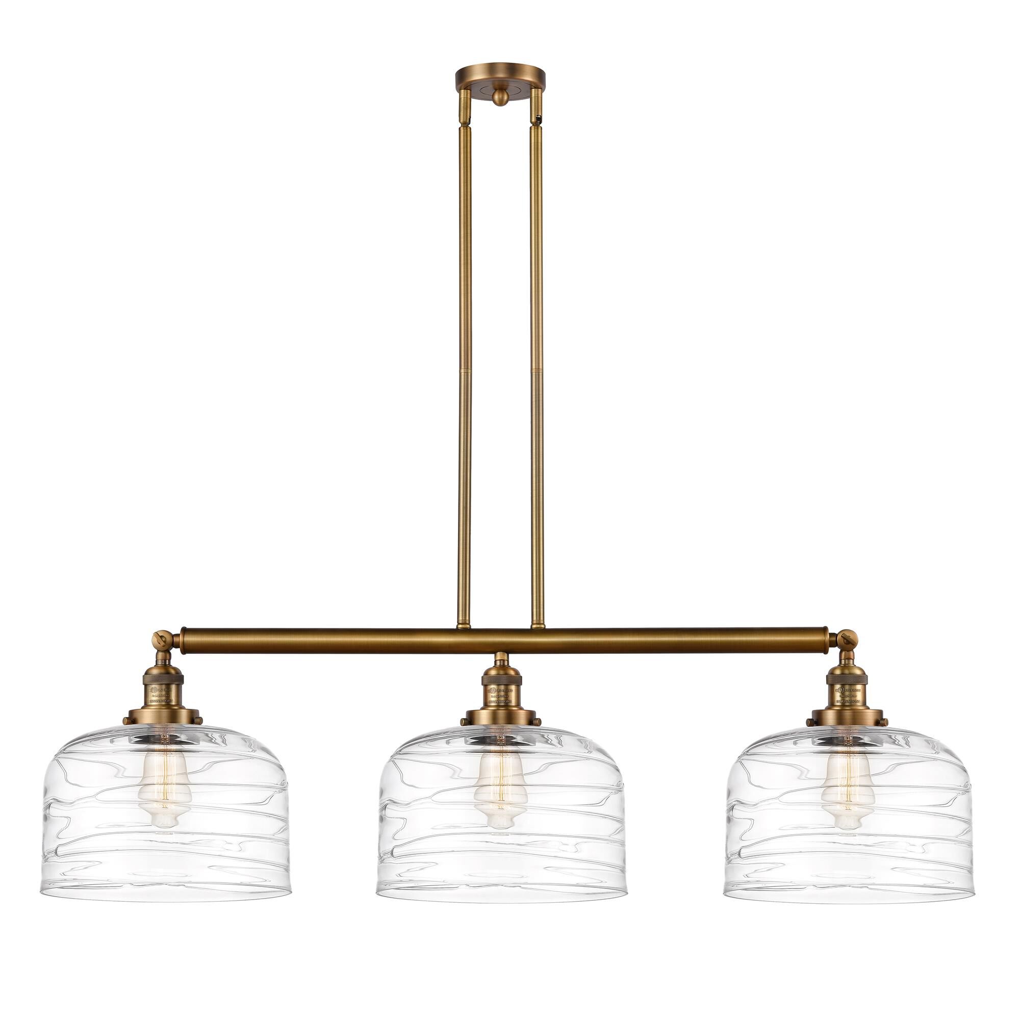 Shown in Brushed Brass finish and Clear Deco Swirl X-Large Bell glass