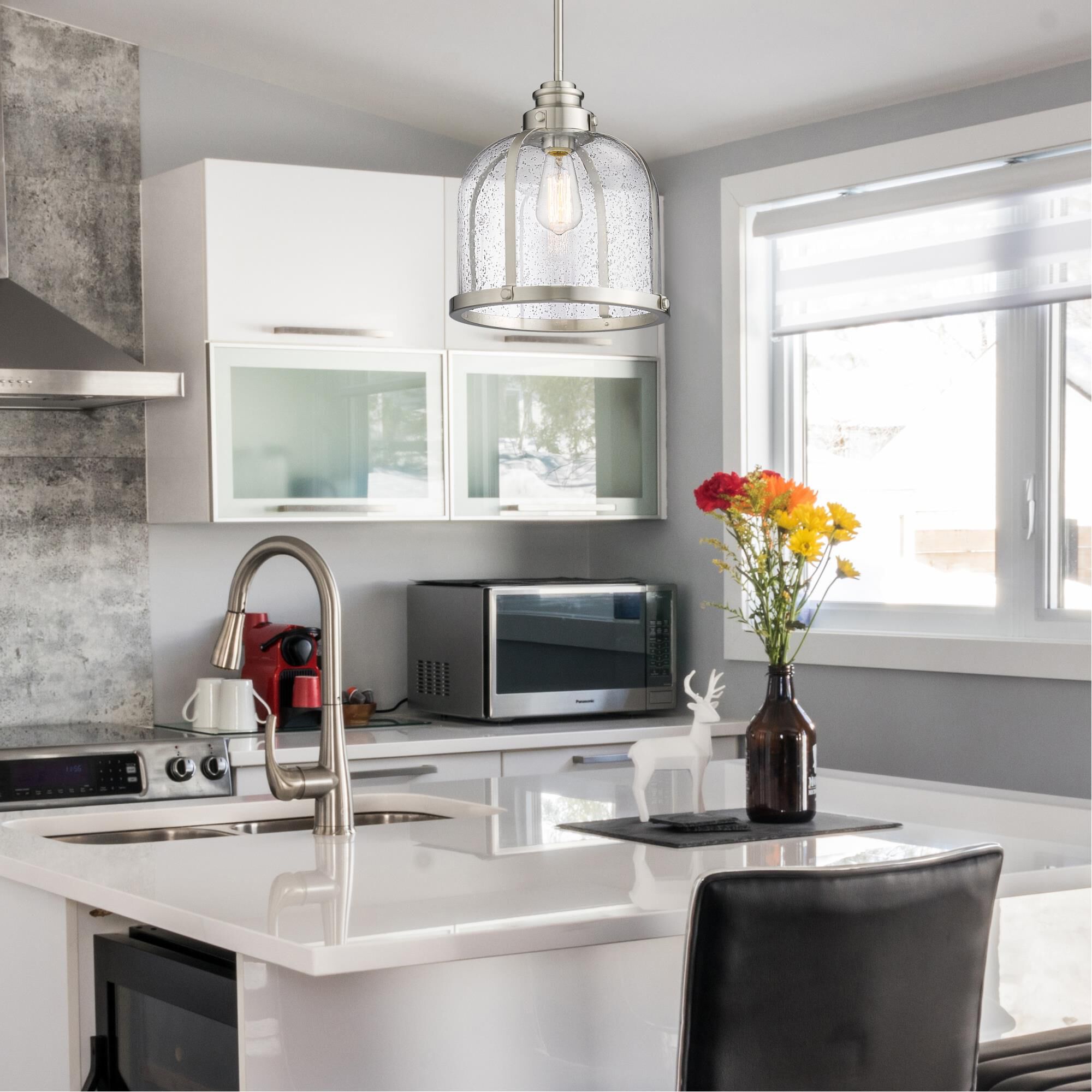 Shown in Brushed Nickel finish and Clear Seedy glass and No Shade shade