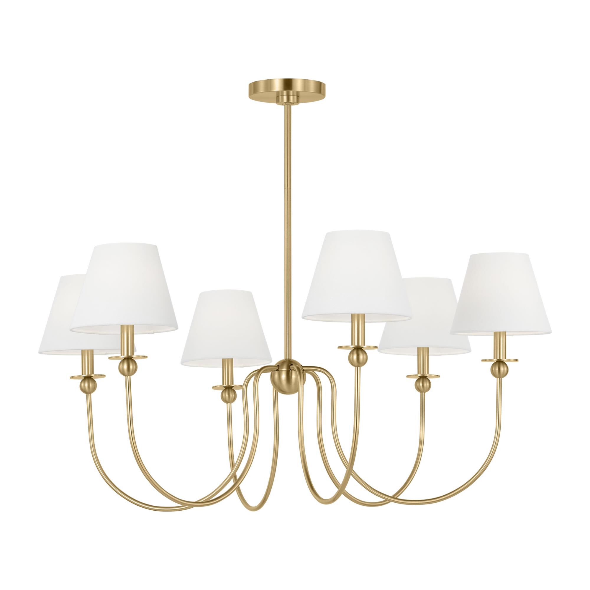 Shown in Satin Brass finish and White Linen shade