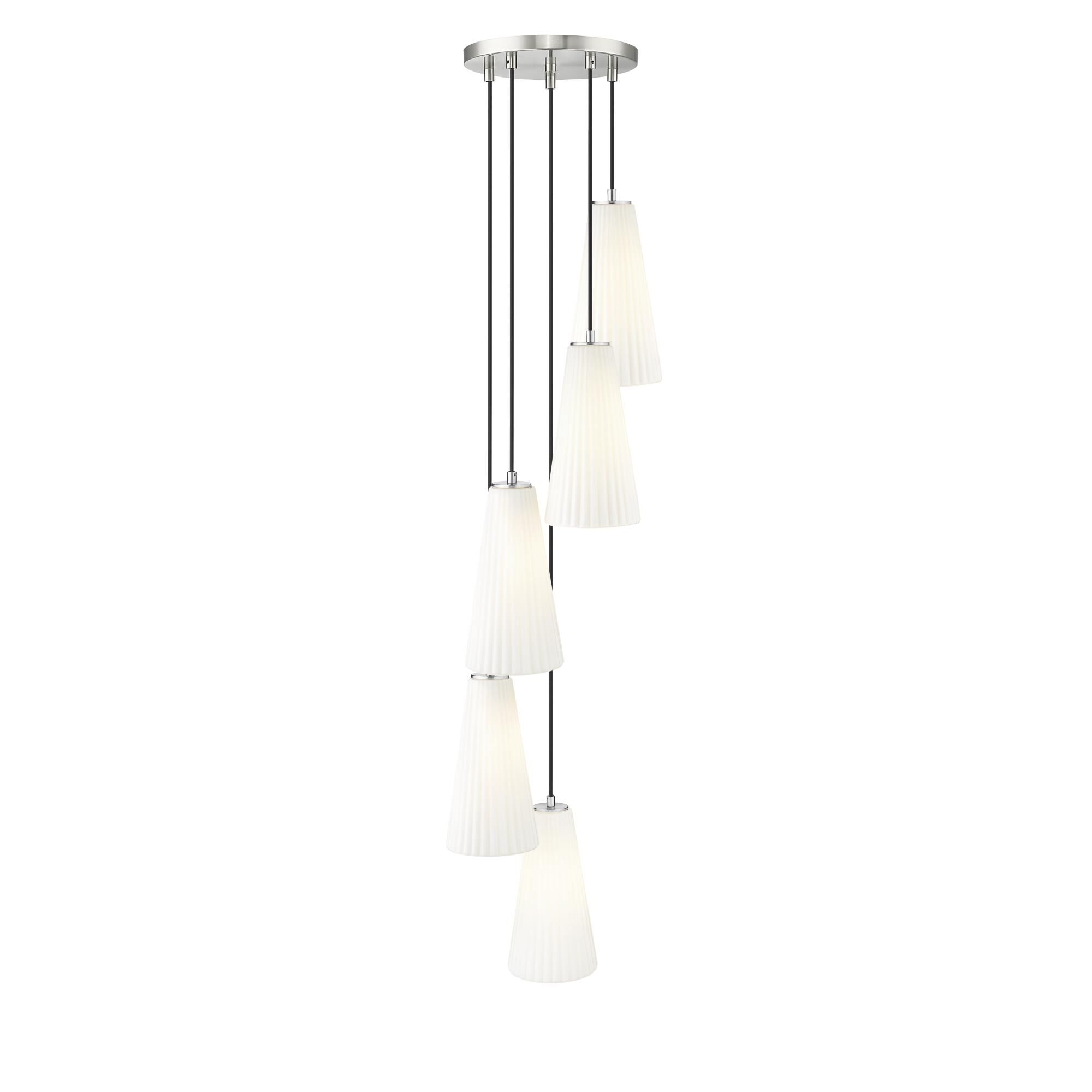 Shown in Brushed Nickel finish and White glass and White shade