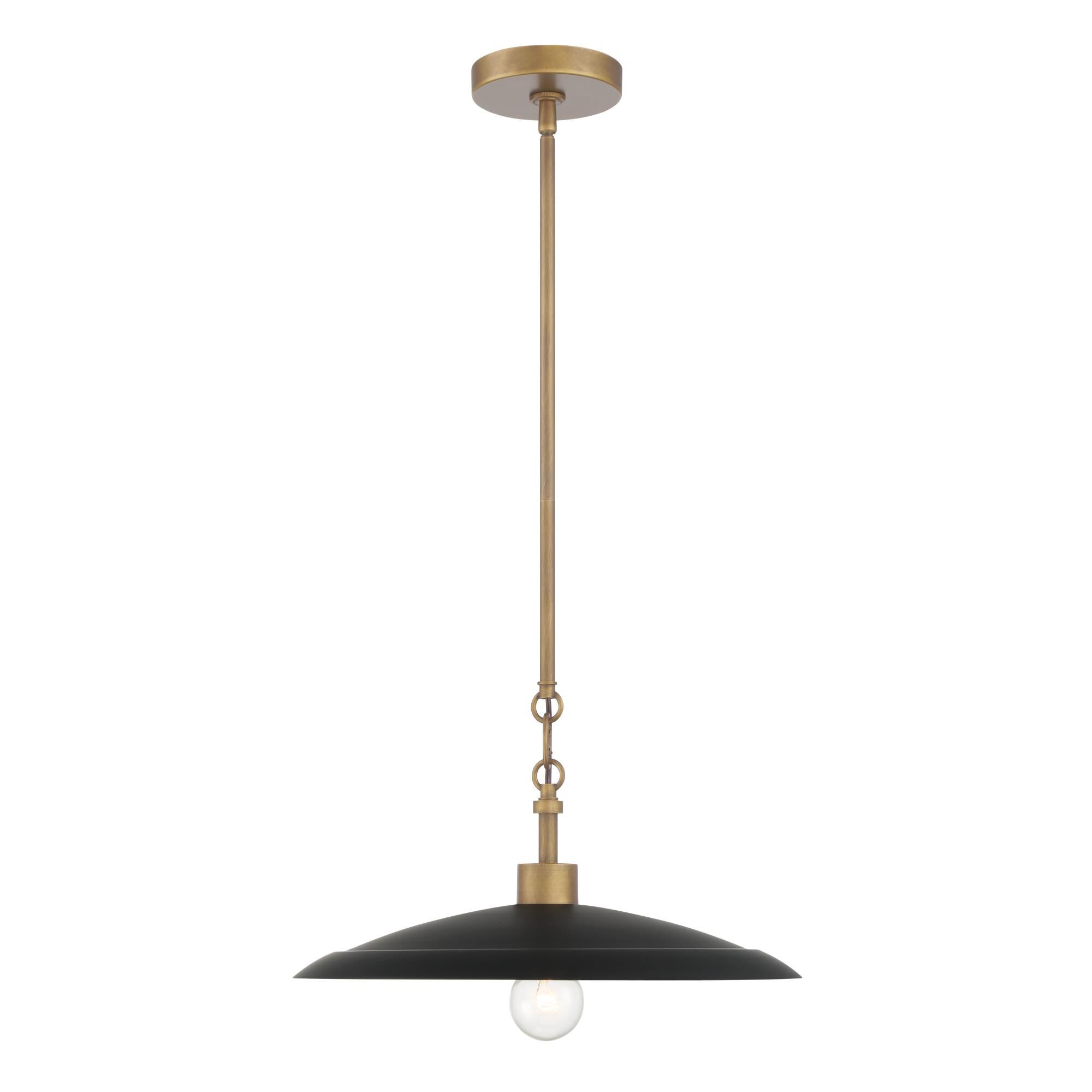 Shown in Natural Brass finish and Dark Matte Black glass and Steel shade