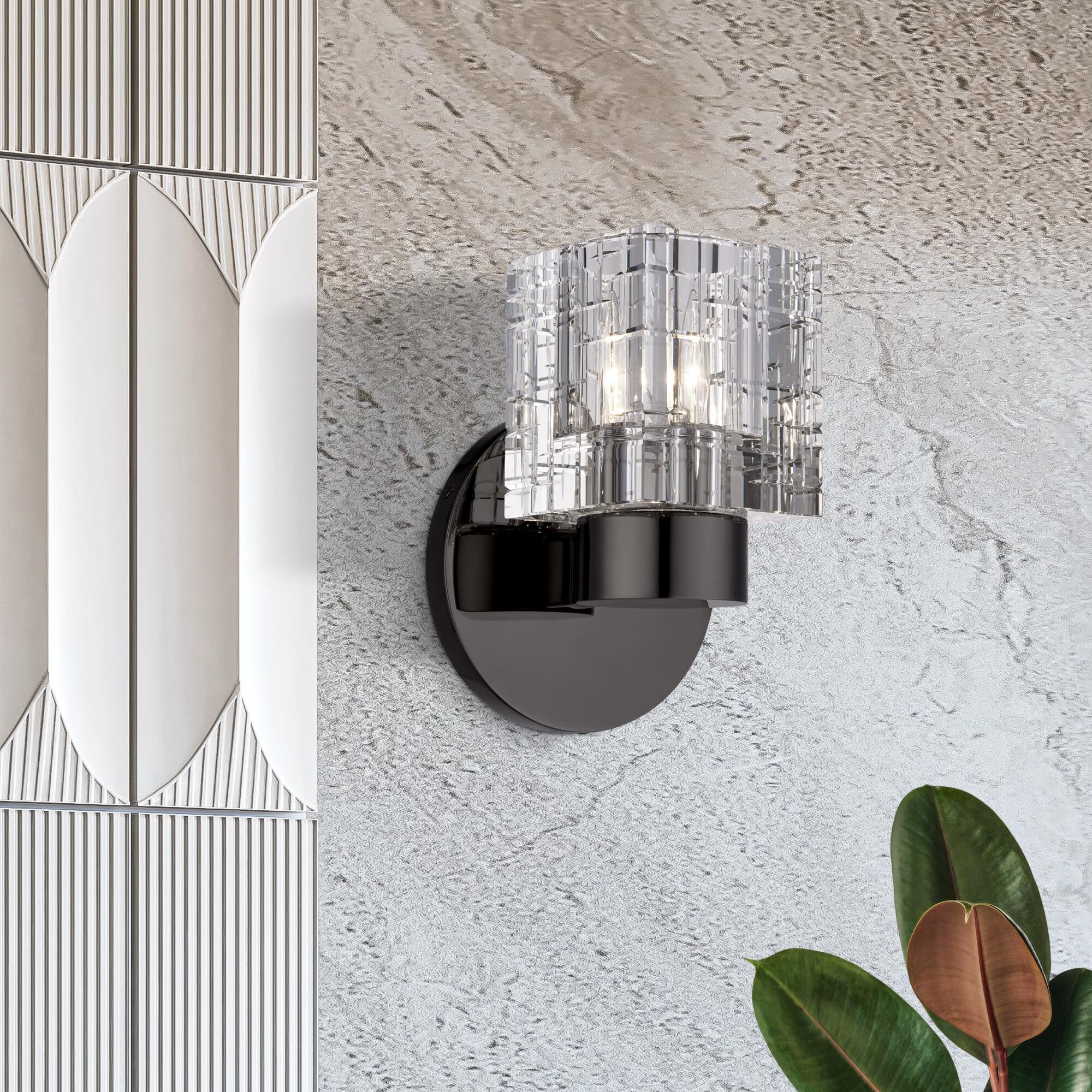 Shown in Black Chrome finish and Crystal glass