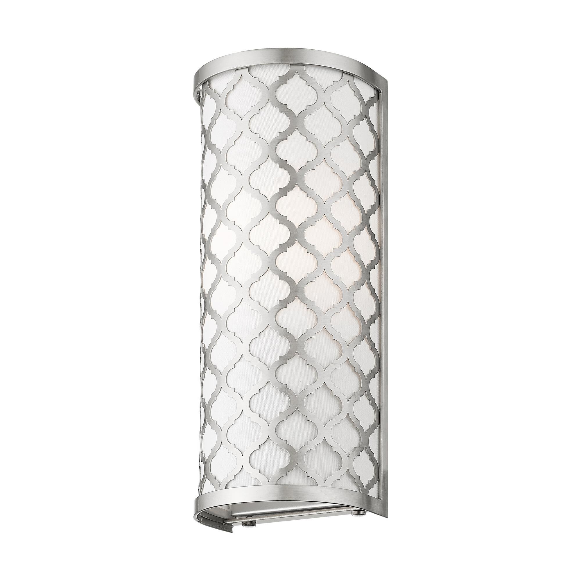 Shown in Brushed Nickel finish and Hand Crafted Off-White Fabric Outside & White Fabric Inside Hardback shade