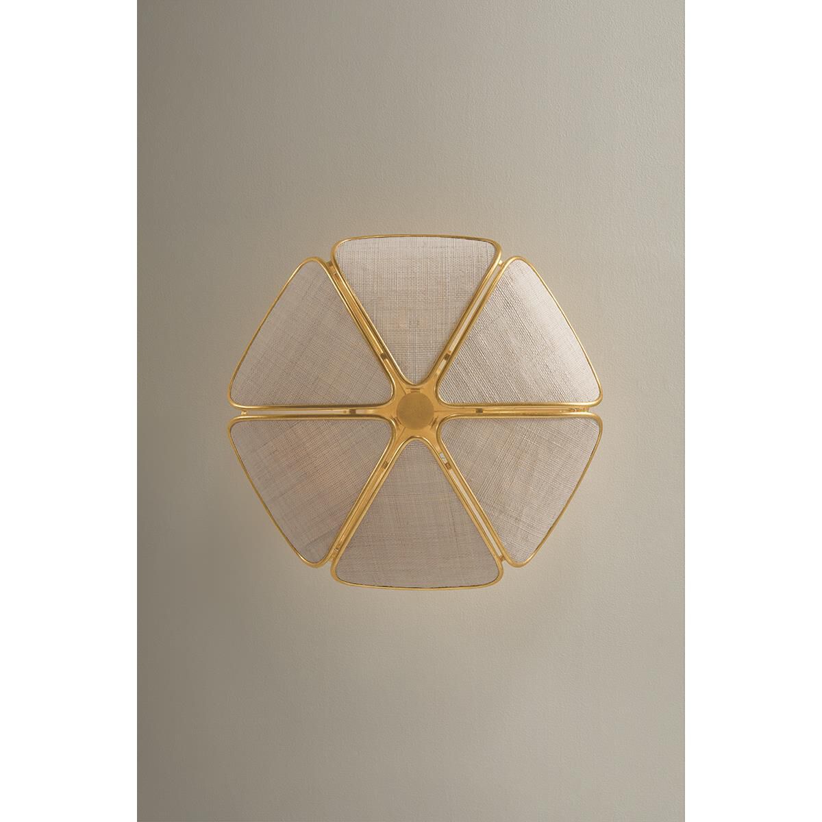 Shown in Vintage Gold Leaf finish and Natural Woven Saguran shade