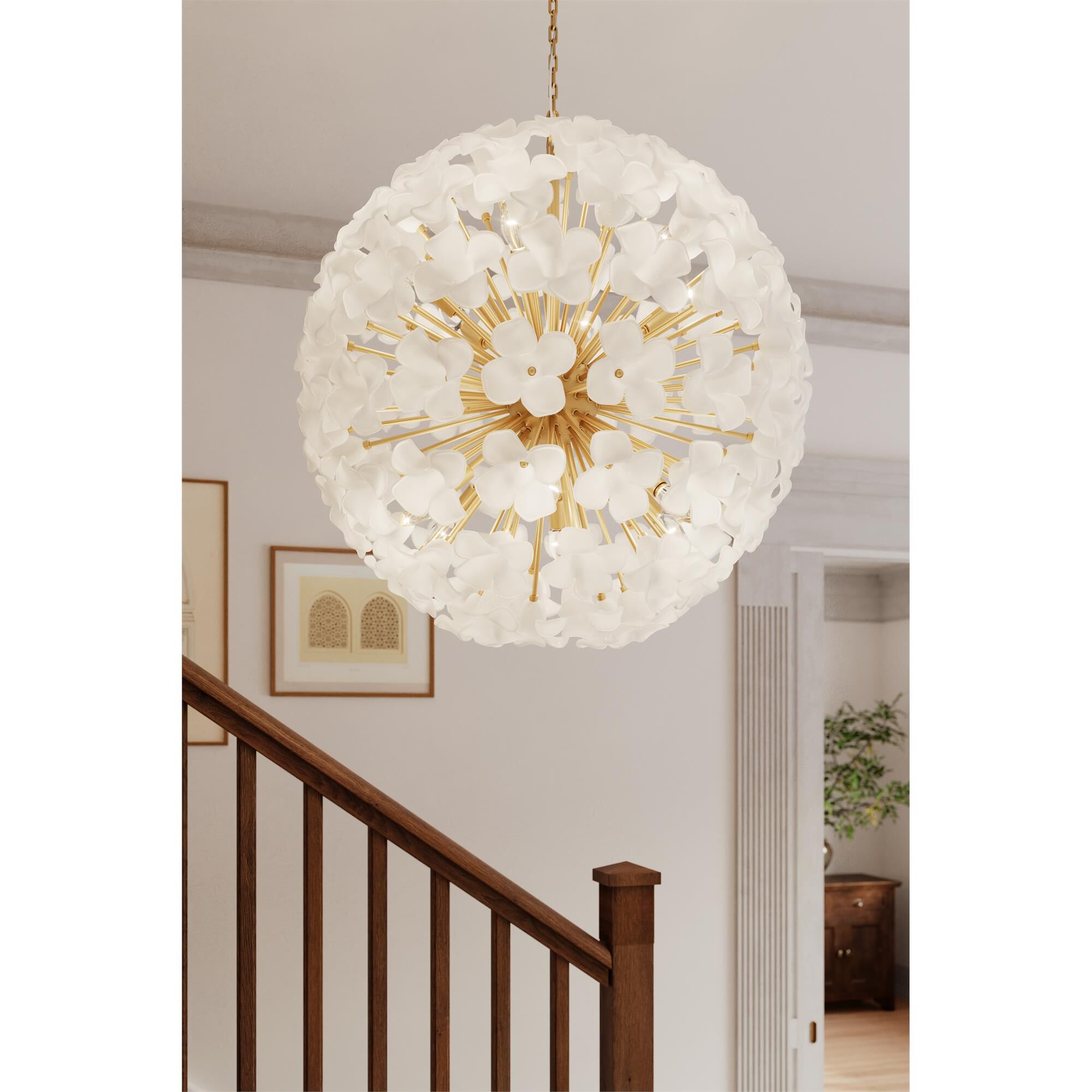 Shown in Legacy Brass finish and White Swirl glass