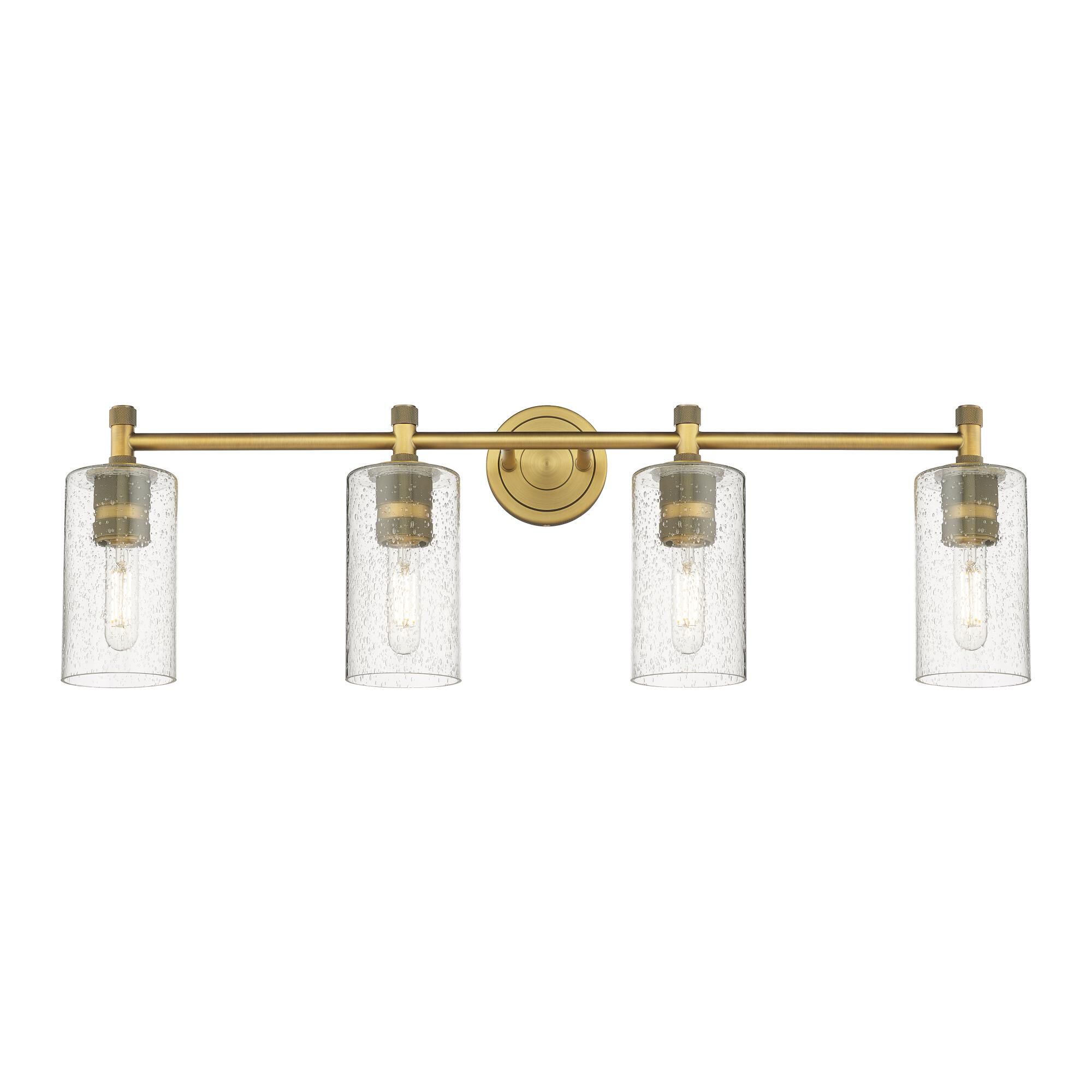 Shown in Brushed Brass finish and Seedy glass and Seedy Glass shade