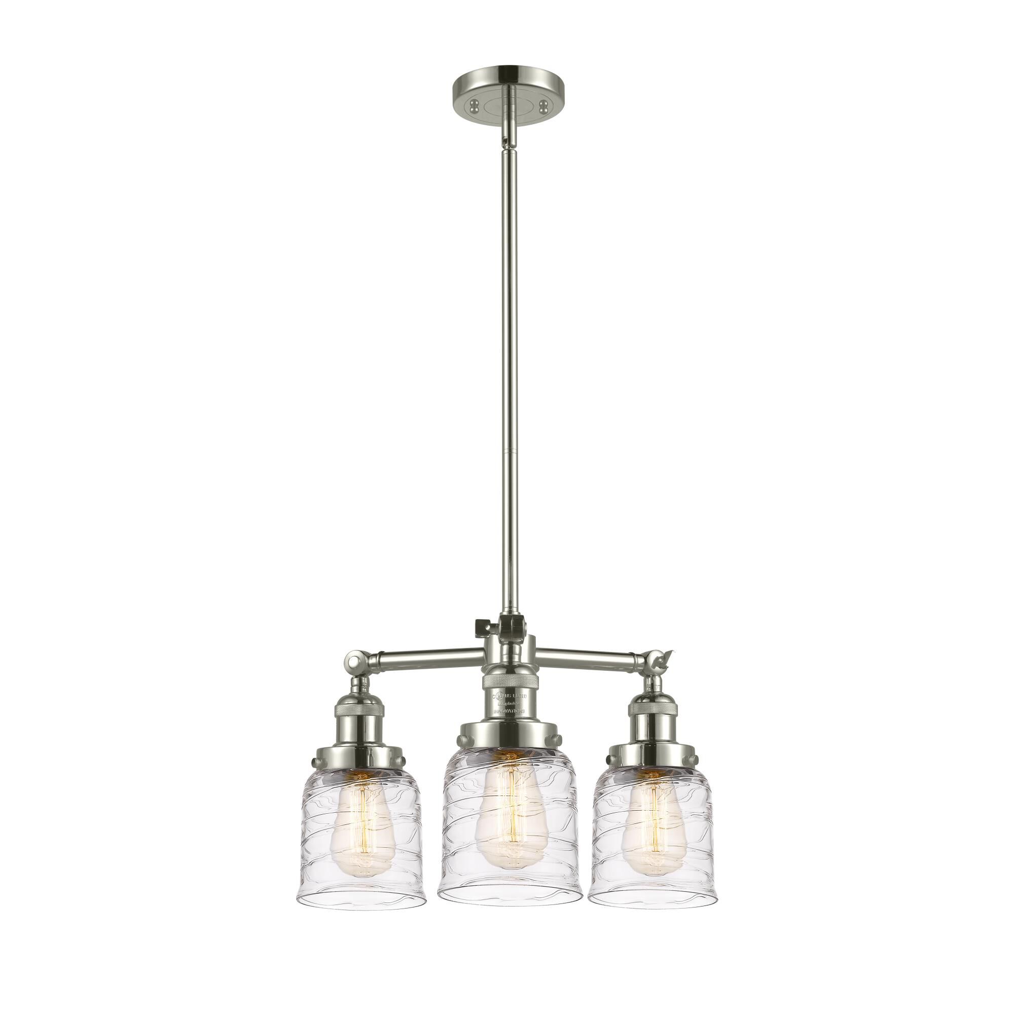 Shown in Polished Nickel finish and Clear Deco Swirl Small Bell glass
