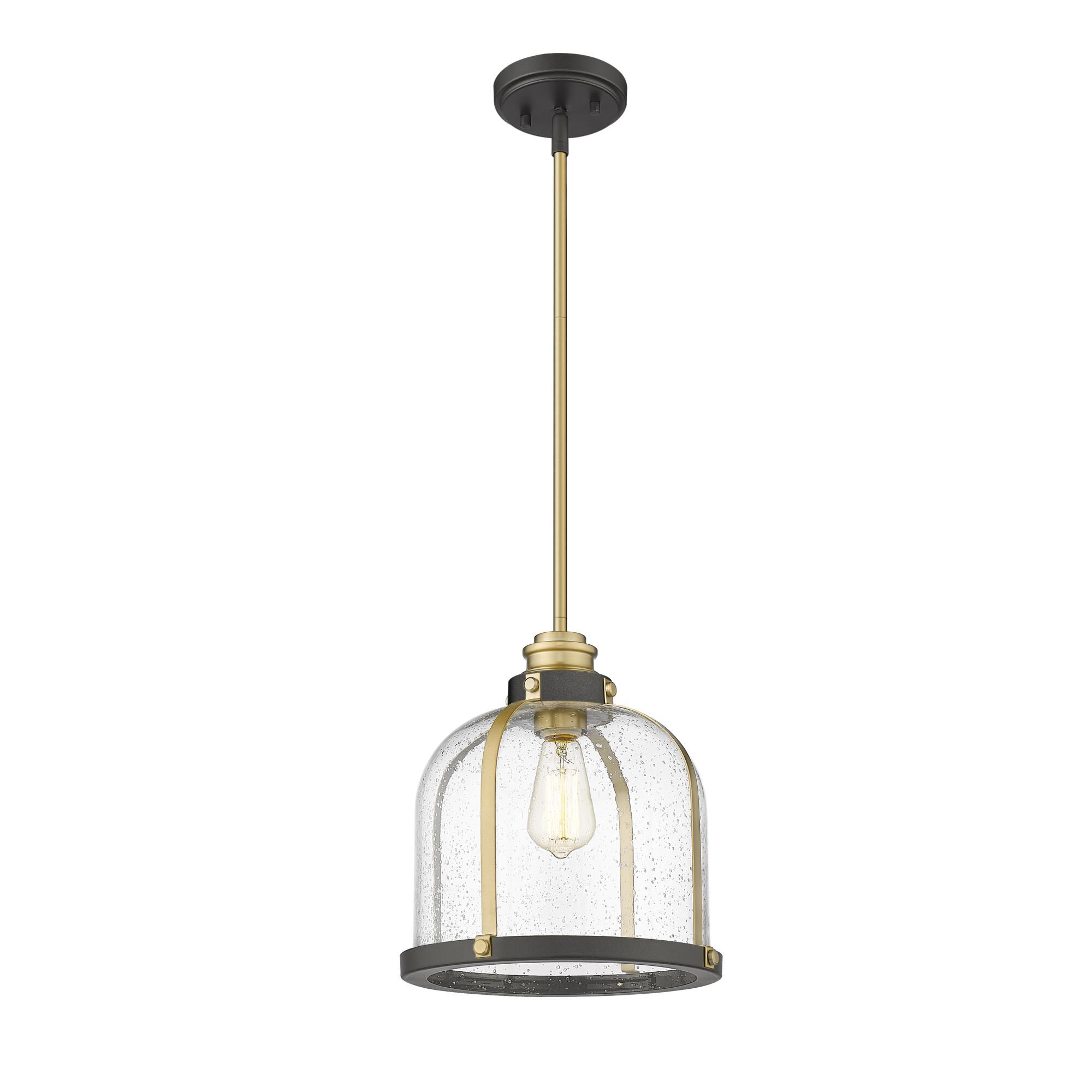 Shown in Bronze And Brass finish and Glass shade