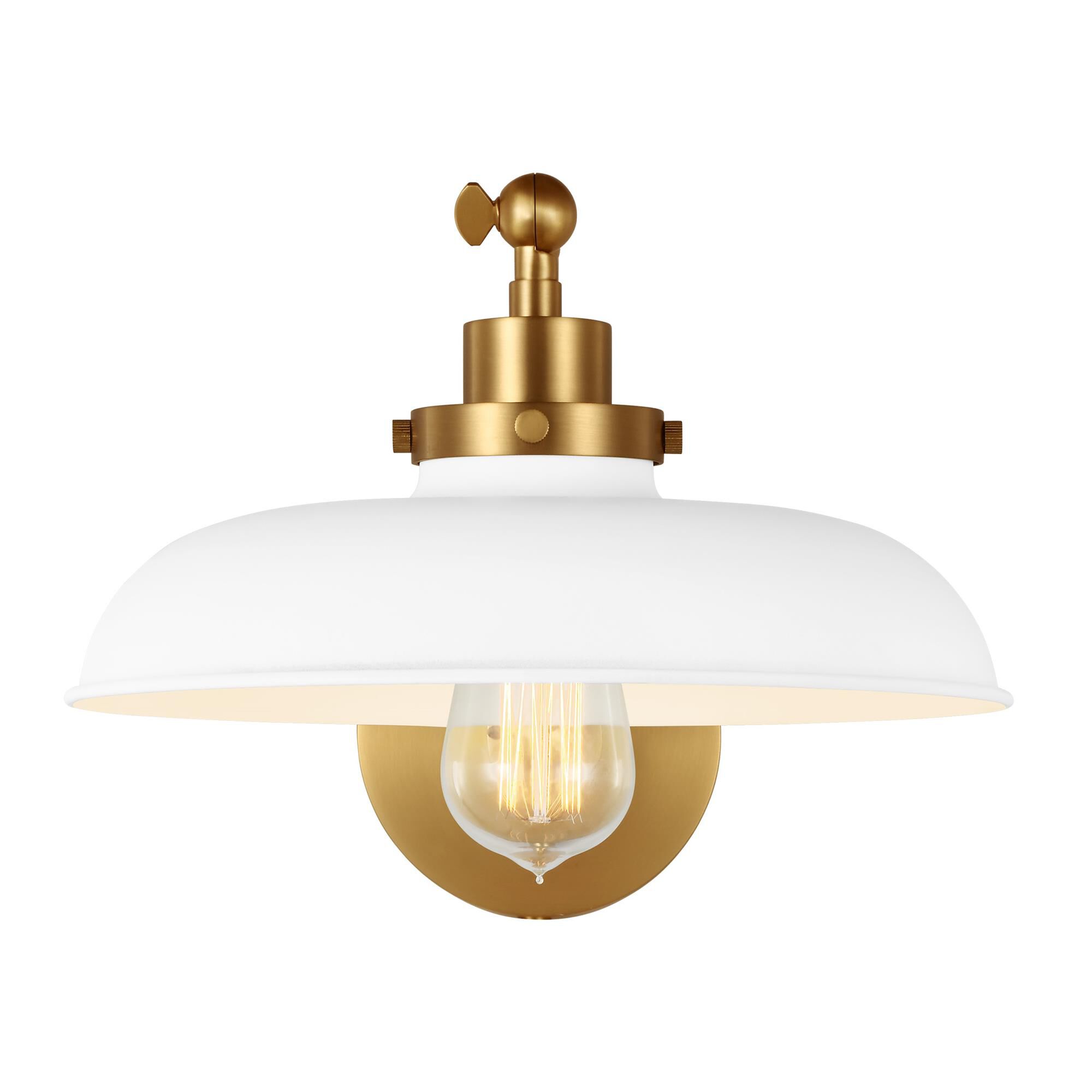 Shown in Matte White And Burnished Brass finish and Matte White Steel shade