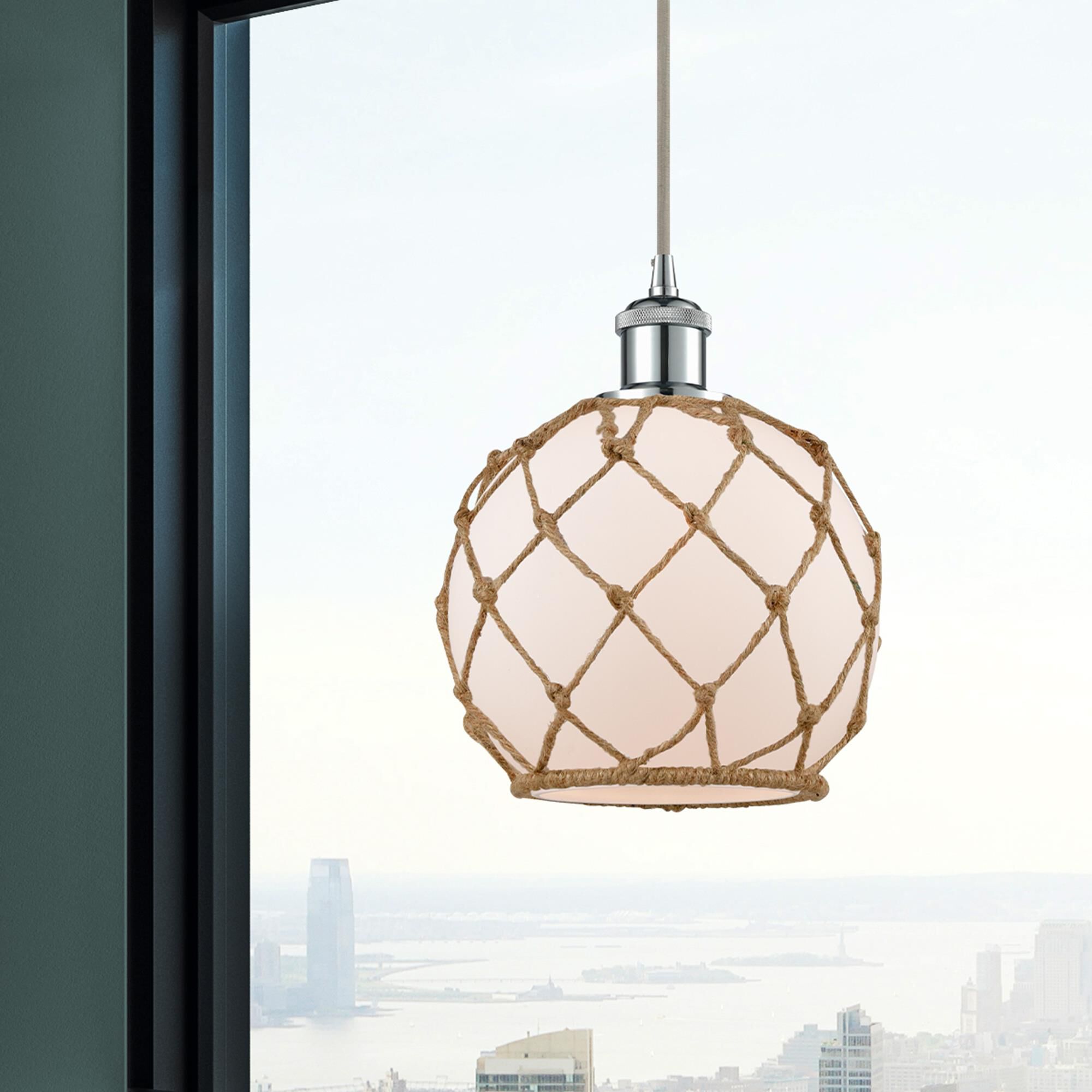 Shown in Polished Chrome finish and White With Black Rope glass
