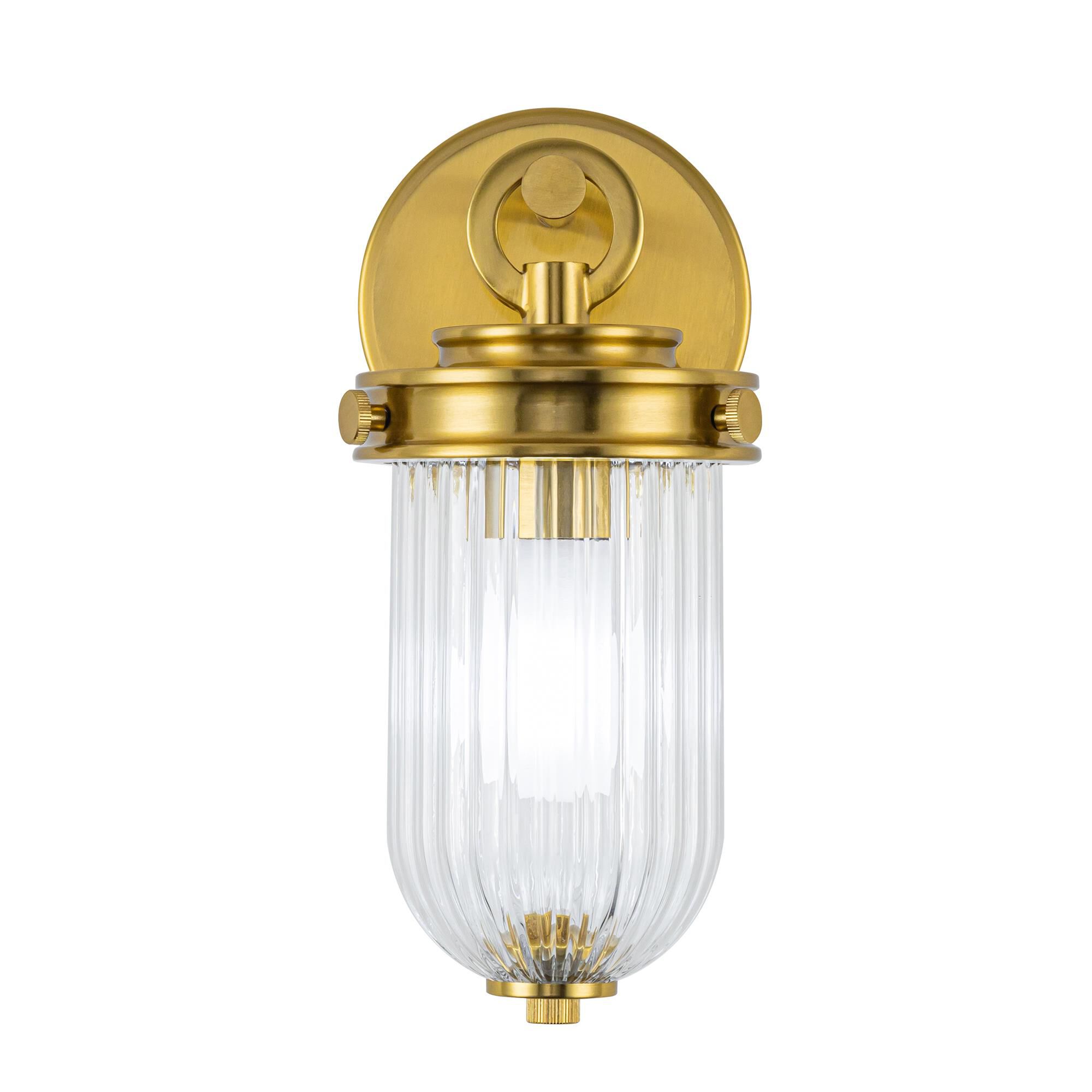 Shown in Vintage Brass finish and Ribbed glass
