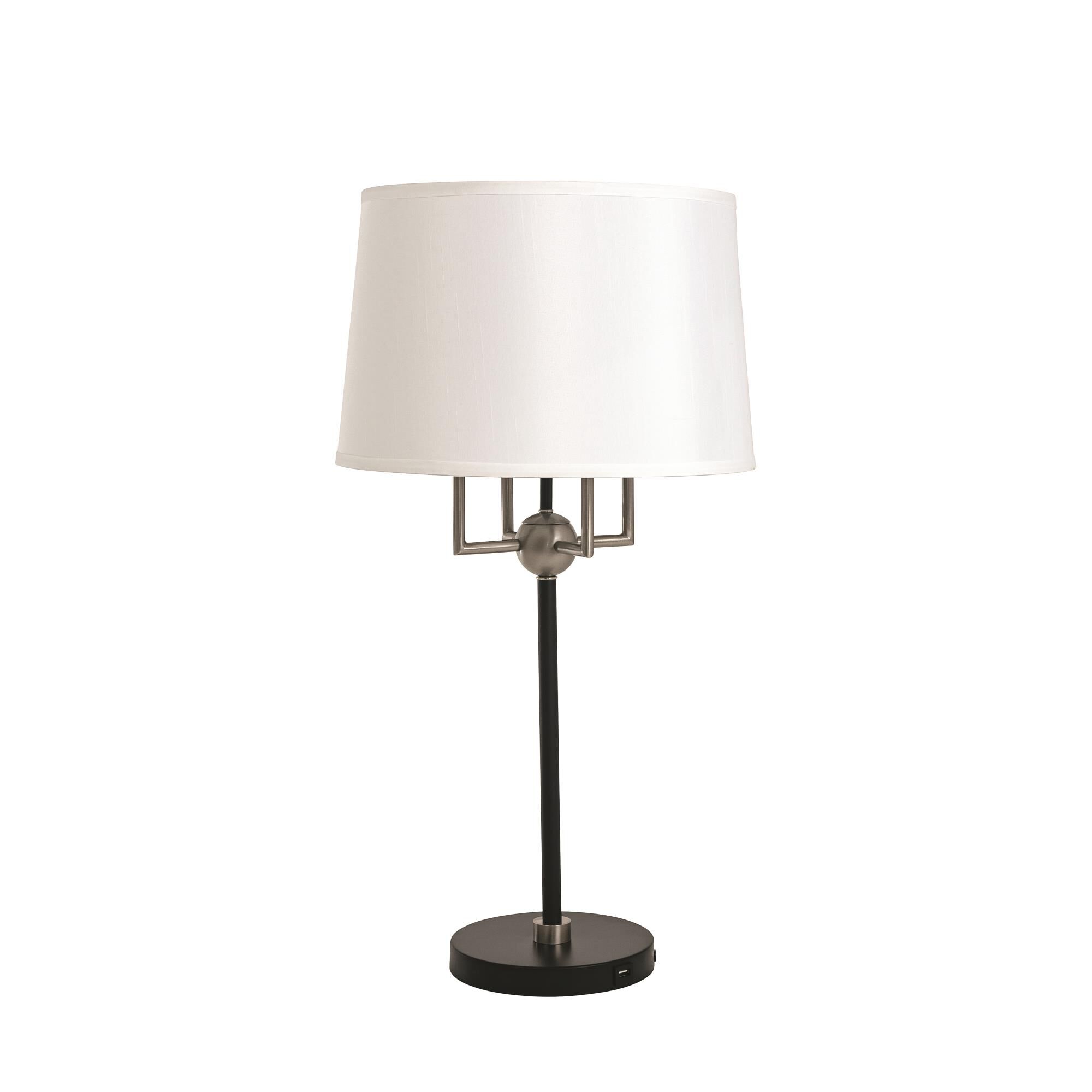 Shown in Black/Satin Nickel finish and Fine White Linen /Pn Spider shade