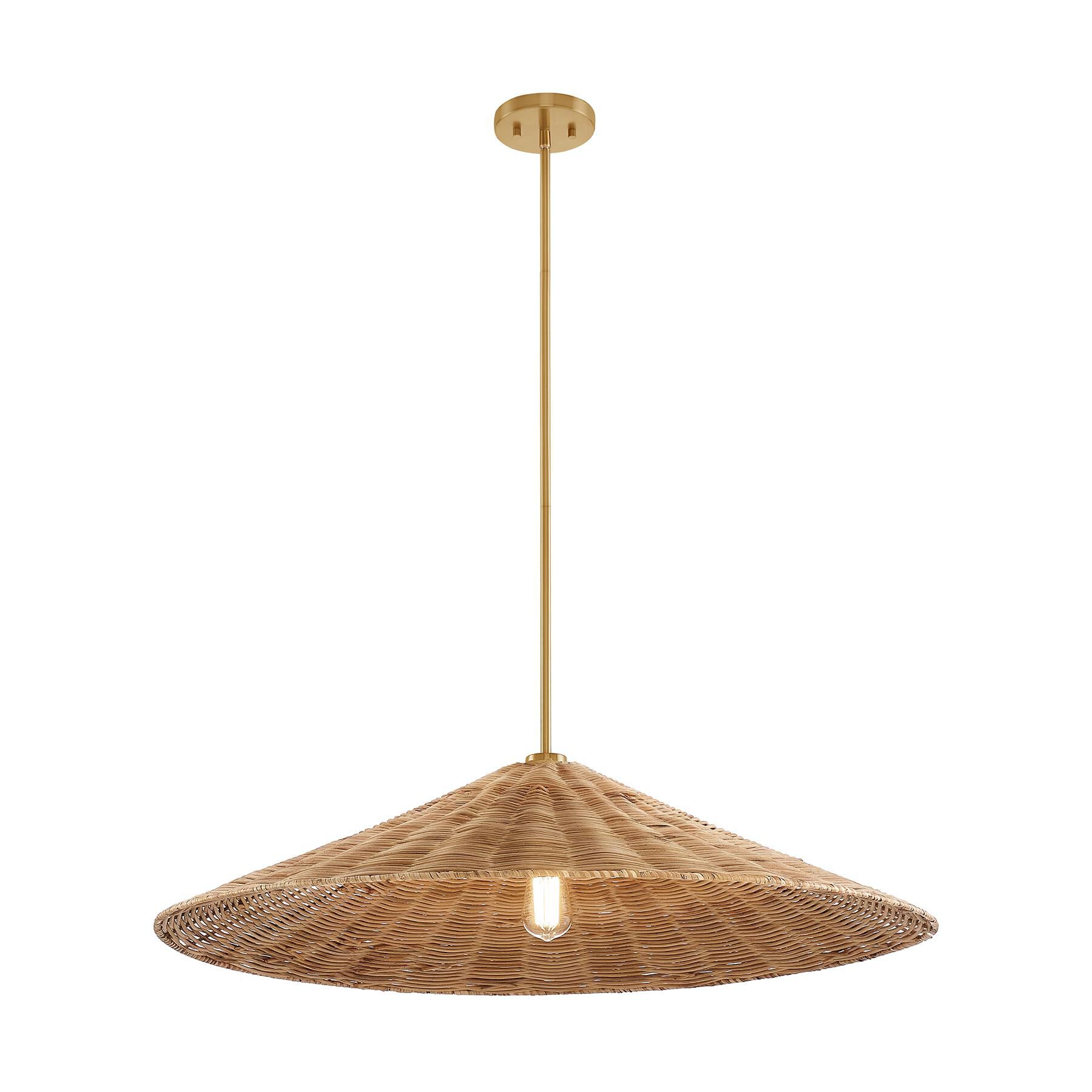 Shown in Natural Brass finish and Natural Rattan shade